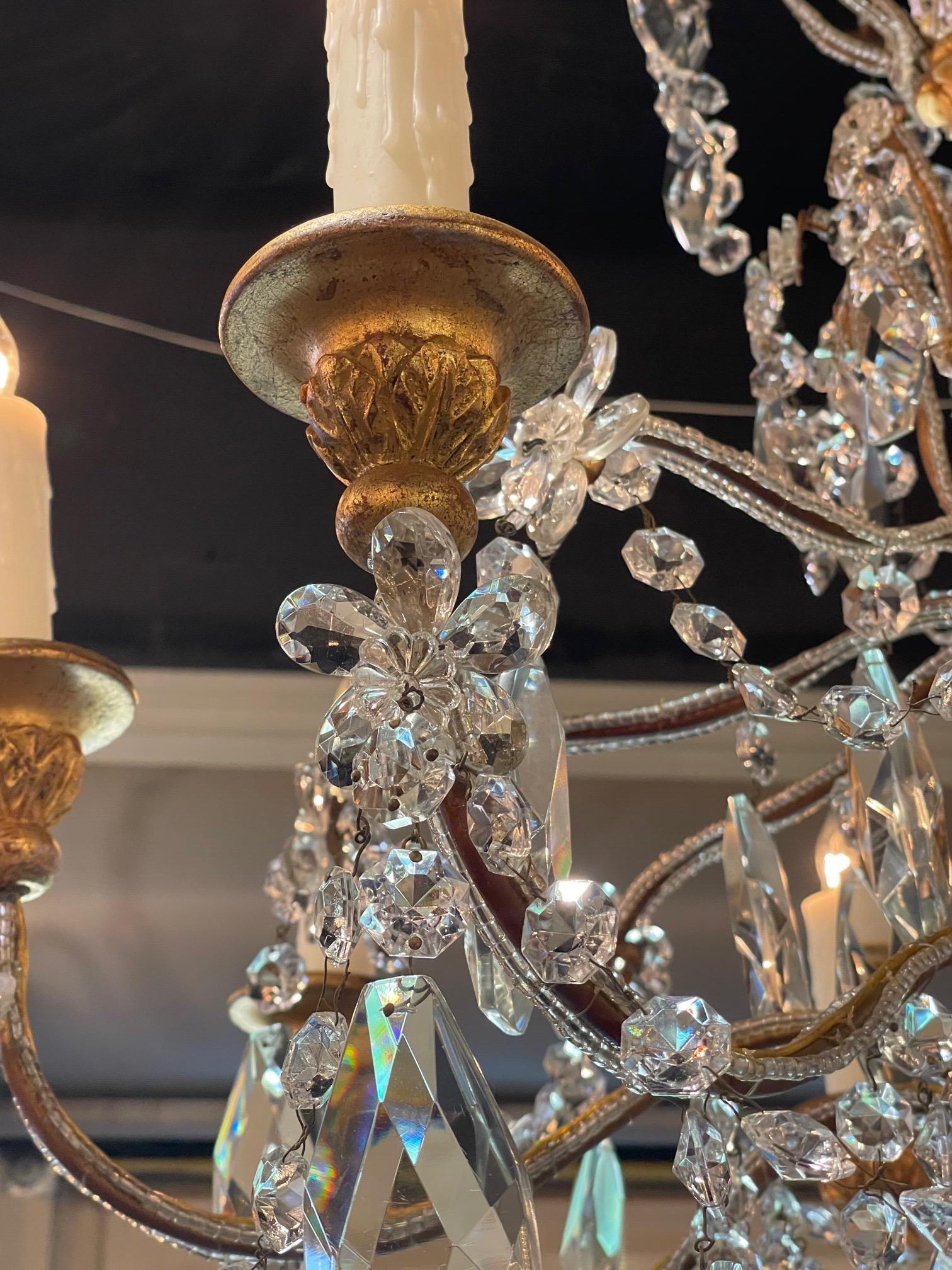 19th Century Beaded Crystal and Giltwood 8 Light Chandelier In Good Condition For Sale In Dallas, TX