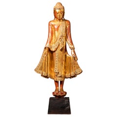 Bellissimo Buddha Mandalay birmano in legno d'epoca del XIX secolo, proveniente dalla Birmania
