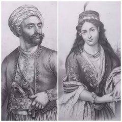 19th Century, Beautiful Black Ink Painting of Turkish Sultan & Sultana