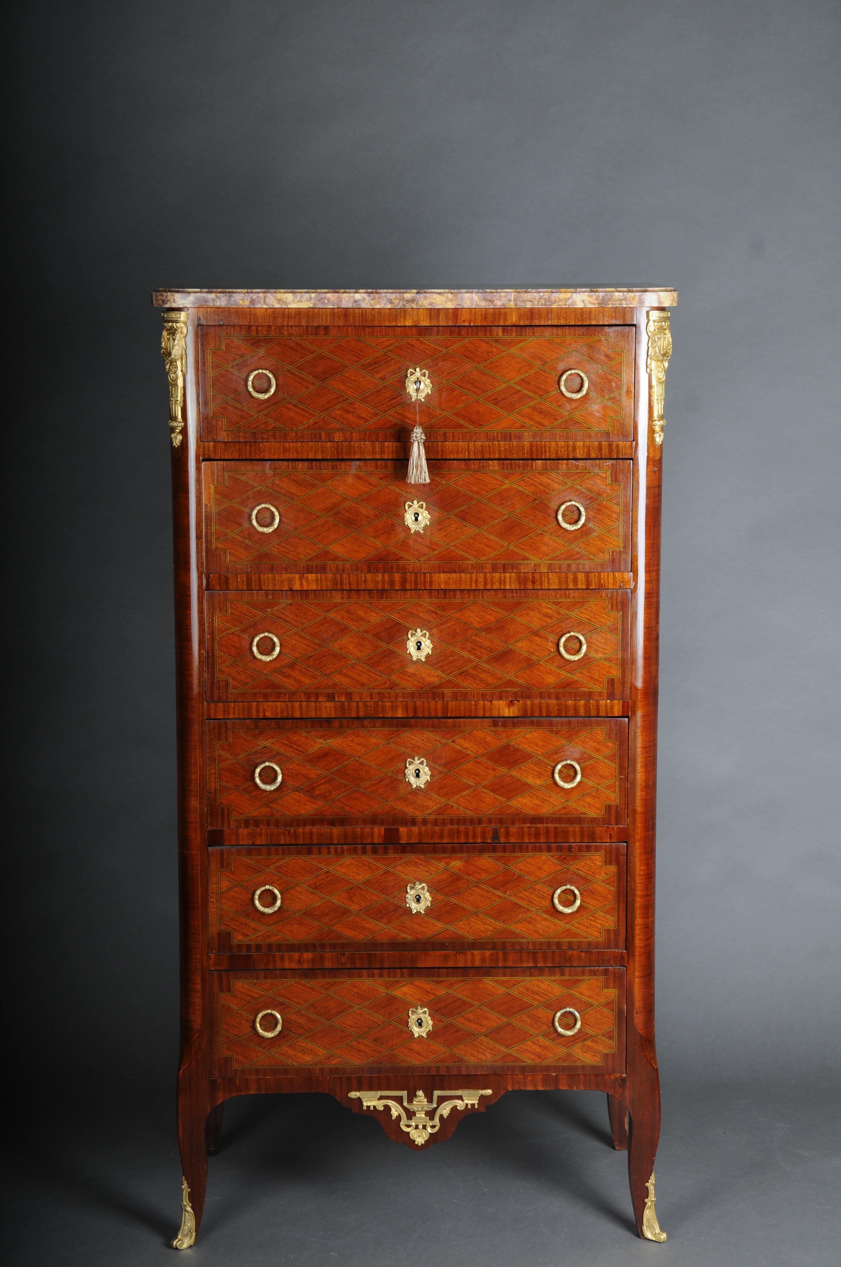 19th Century beautiful high chest of drawers / Chiffoniere in Louis XVI / transition.

Solid oak body with extremely elaborate marquetry veneer work on three sides. The chest of drawers is a so-called men's chest of drawers/tall chest of drawers