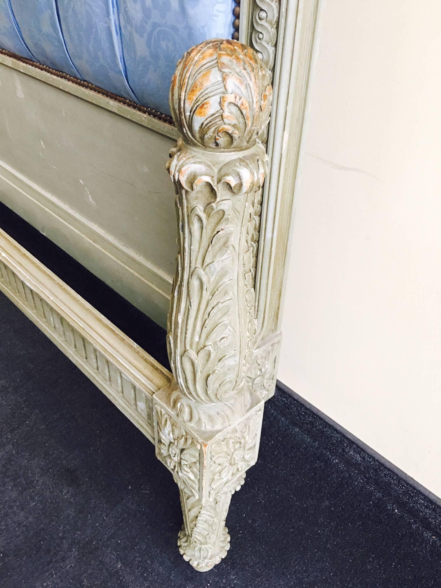 Louis XVI 19th Century Beautifully Hand Carved and Hand Painted Bed Frame and Console