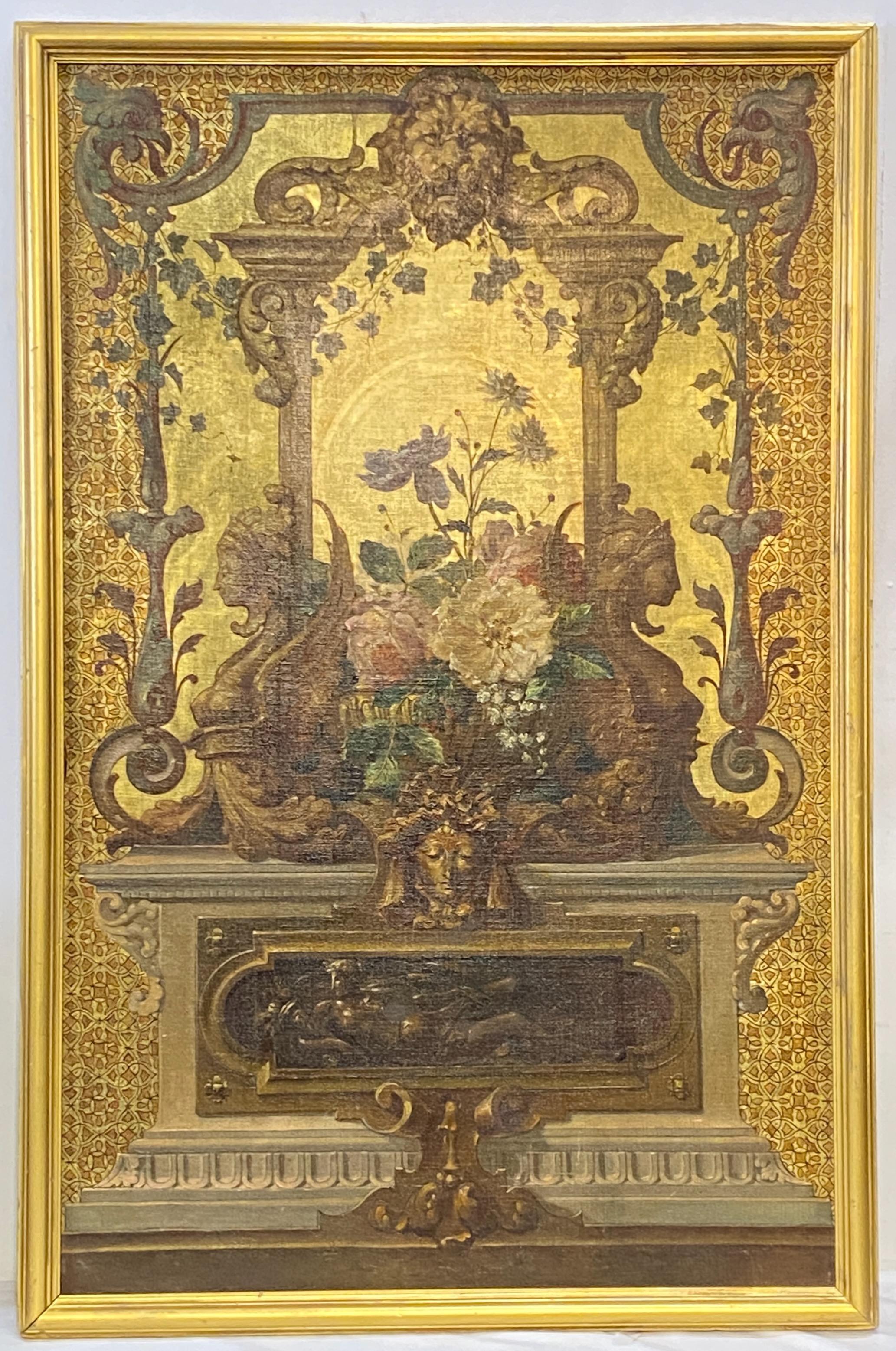 A late 19th century Baroque revival style Beaux Arts period oil on canvas laid down on board. Most likely this was part of a larger mural at one time.
Elaborate still life, beautifully painted, gorgeous rich colors, in gold painted wood