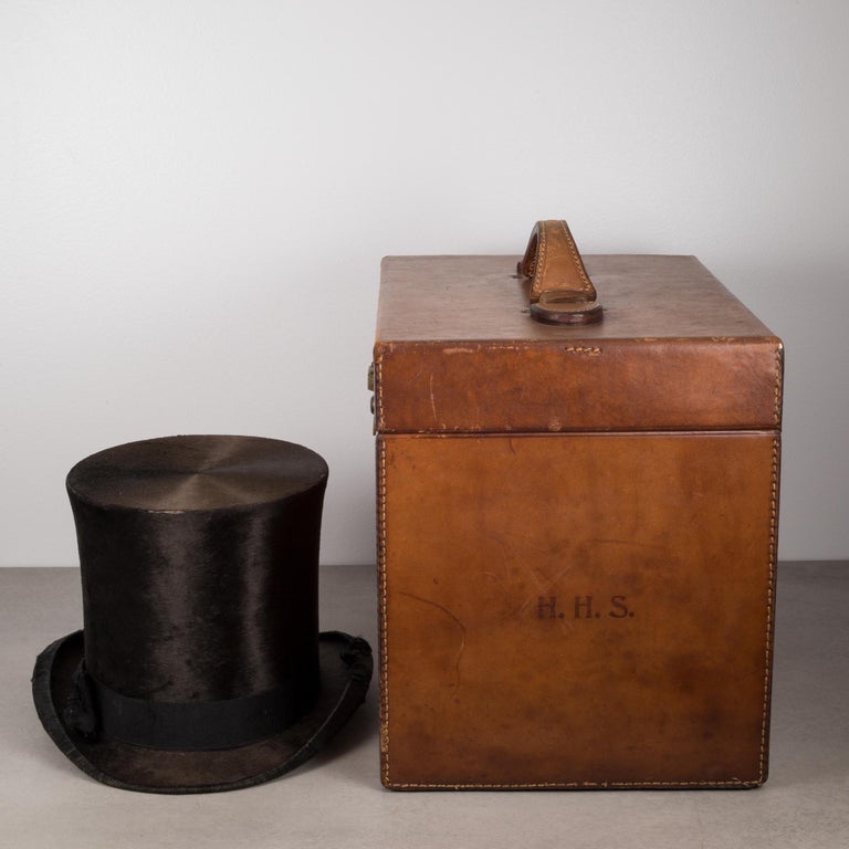 19th Century Beaver Skin Top and Original Leather Hat Box, circa 1800s