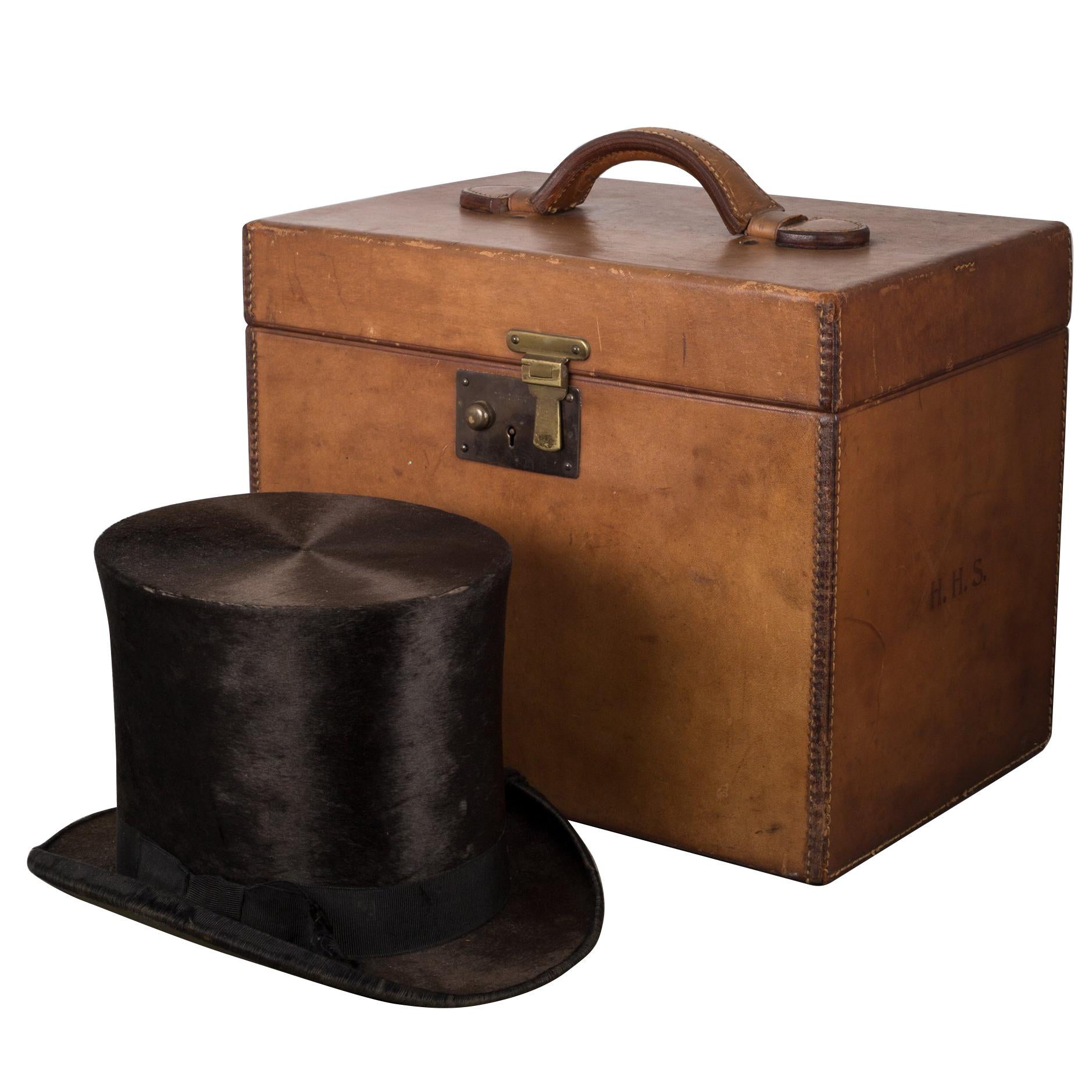 19th Century Beaver Skin Top and Original Leather Hat Box, circa 1800s