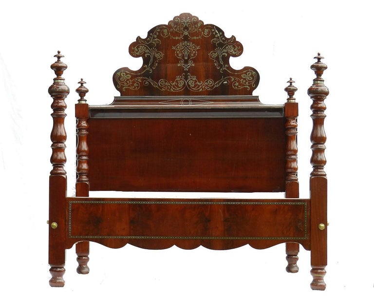 19th Century Bed Queen Size Spanish Inlaid Four Post Brass Mahogany UK King Size at 1stDibs