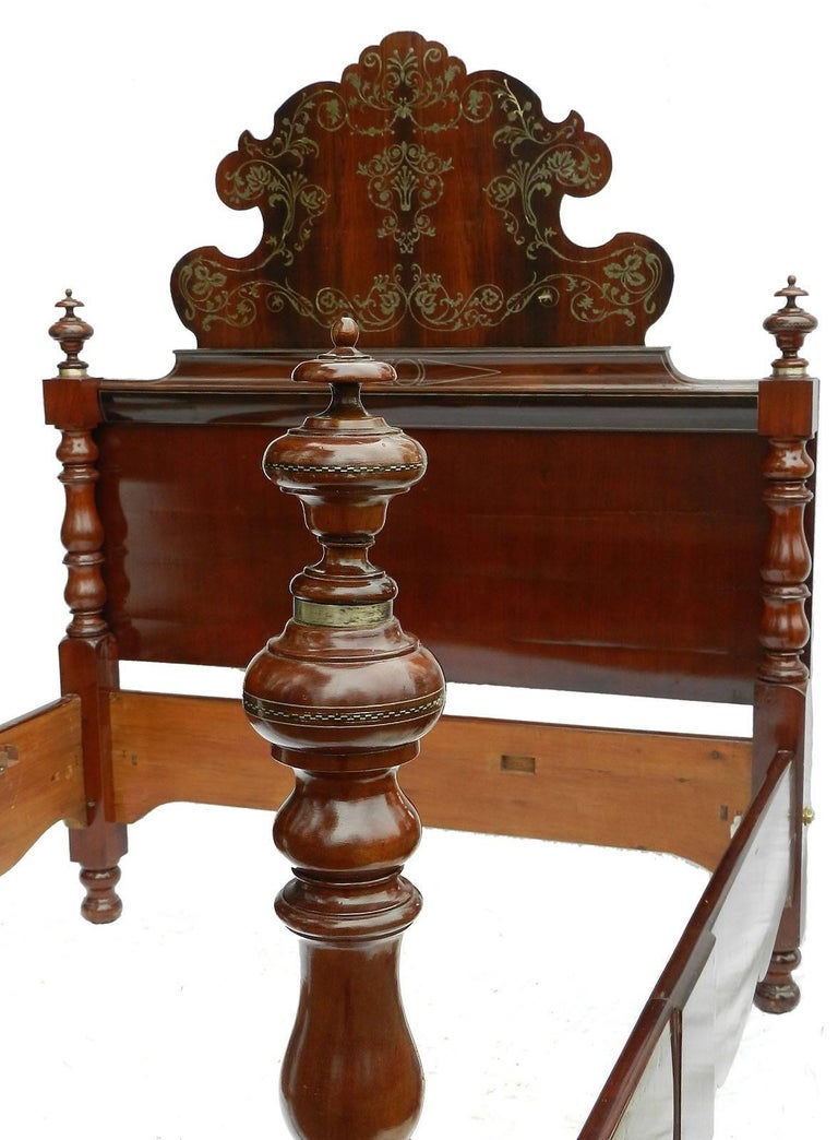 19th Century Bed Queen Size Spanish Inlaid Four Post Brass Mahogany UK