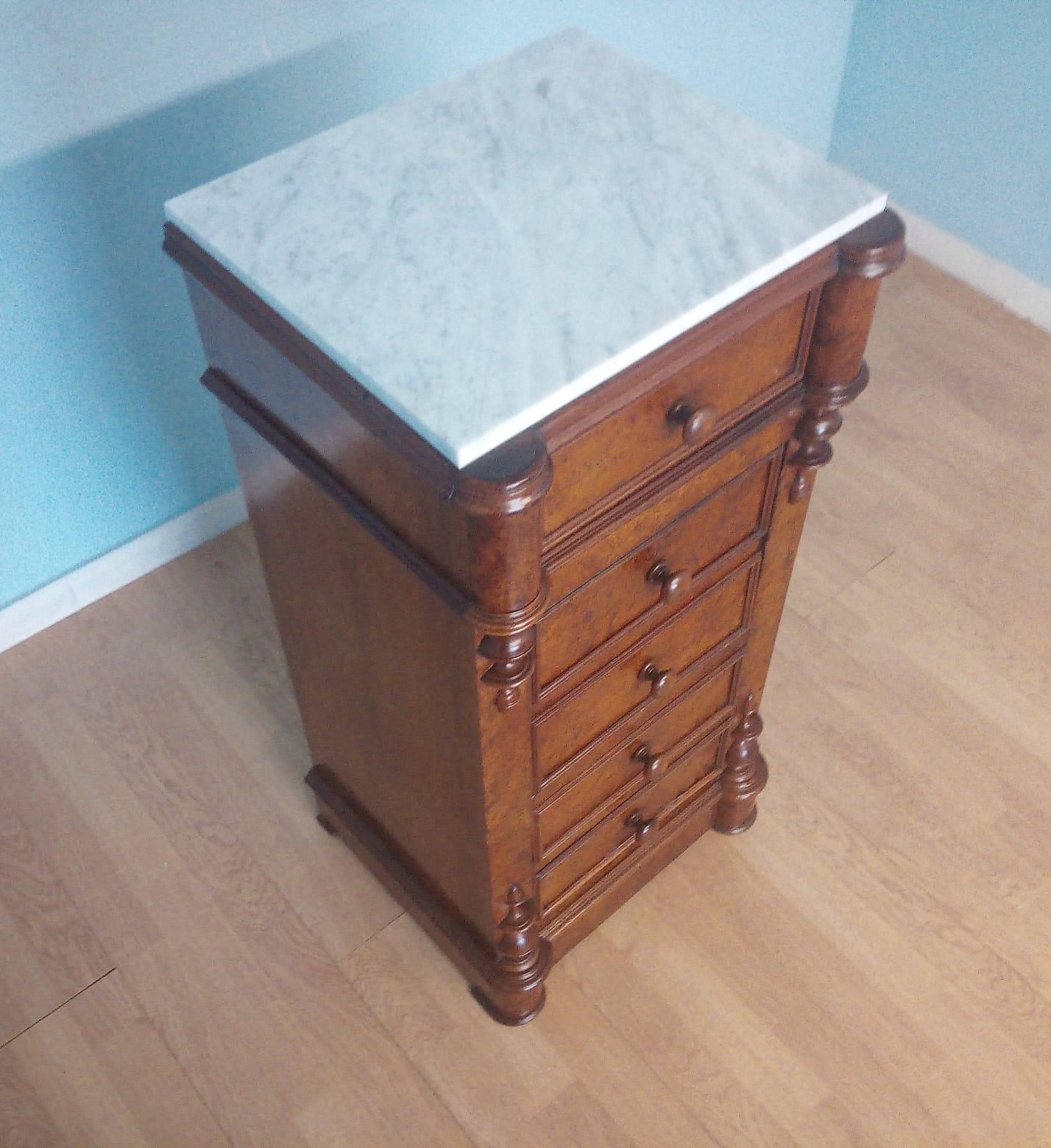 Revival 19th Century Bedside Table Wood Briar Carrara Marble Made in Italy Handmade For Sale