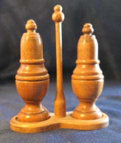 19th Century Beech Treen Salt and Pepper Shakers on Stand
