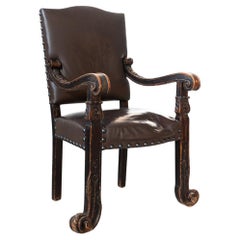 Antique 19th Century Beechwood, Metal, and Leather Throne