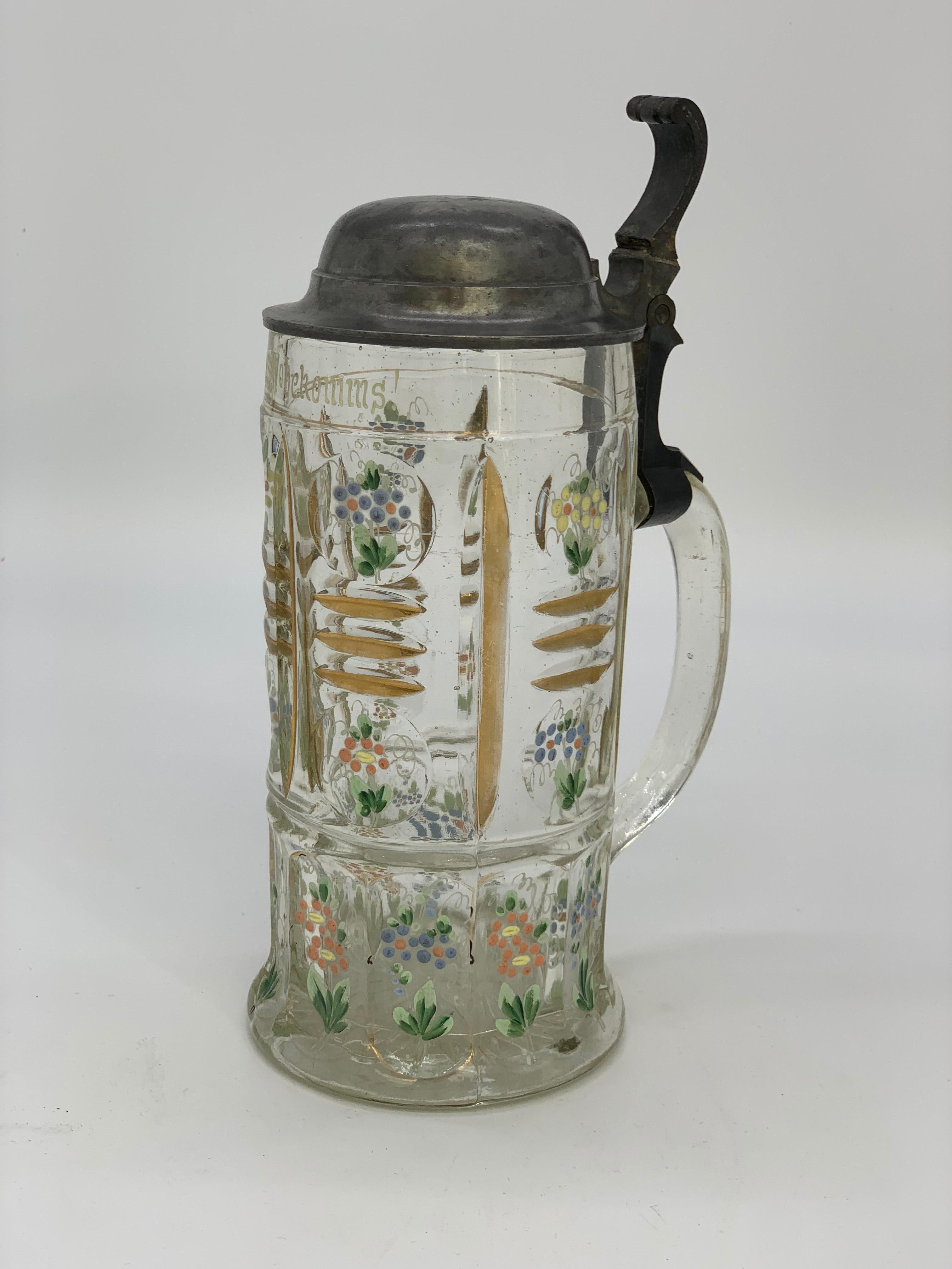 19th Century Beer Mug with Flowers and Gold Detail and Diamond Cut For Sale 2