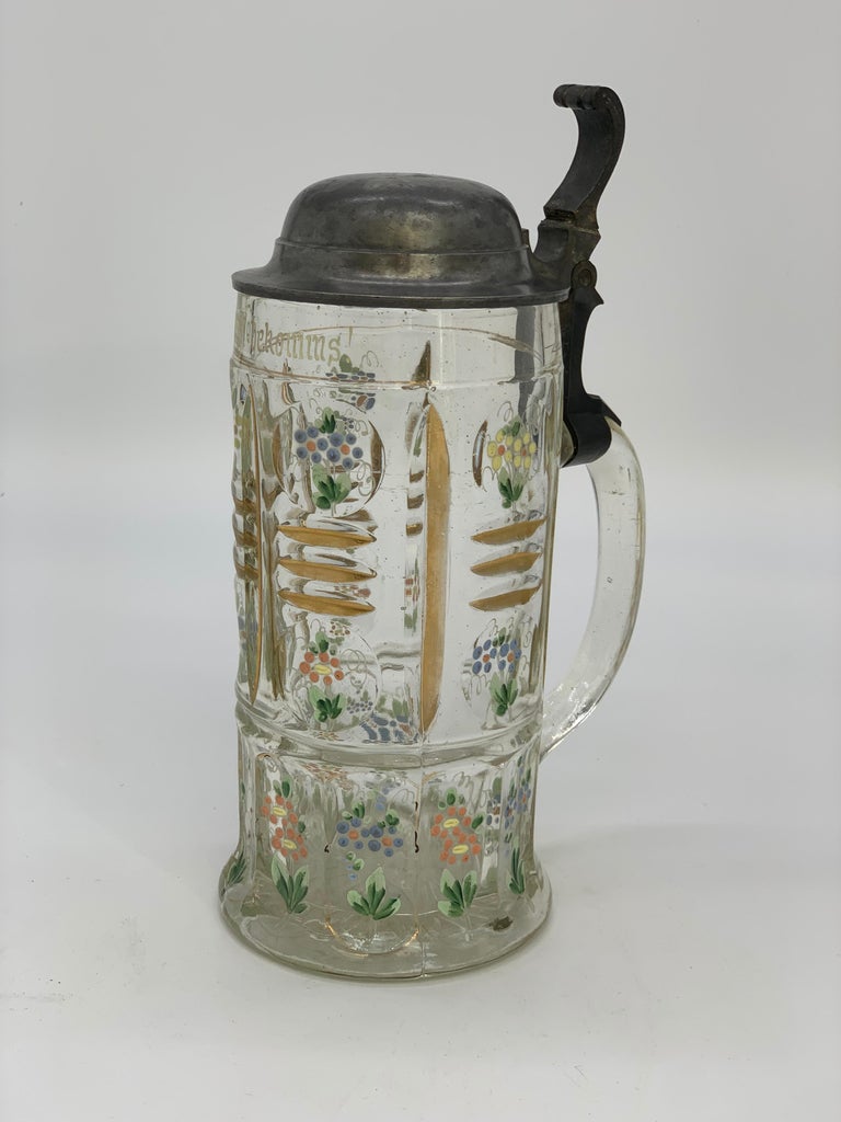 19th Century Beer Mug with Flowers and Gold Detail and Diamond Cut For Sale 5