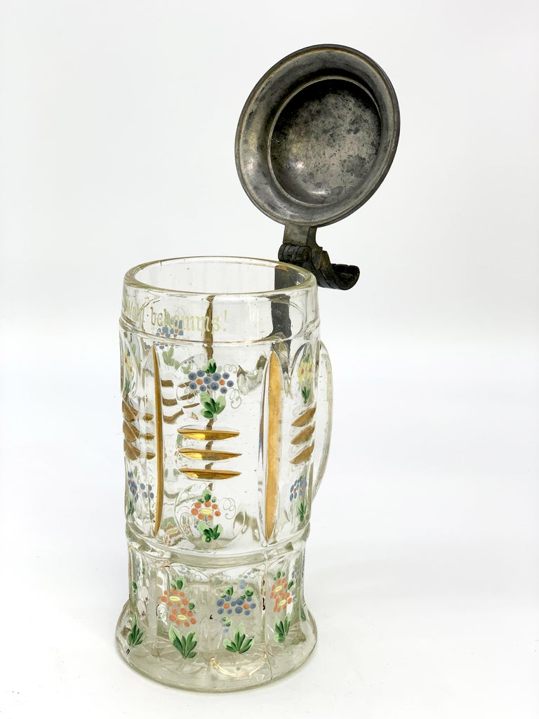 Art Nouveau 19th Century Beer Mug with Flowers and Gold Detail and Diamond Cut For Sale