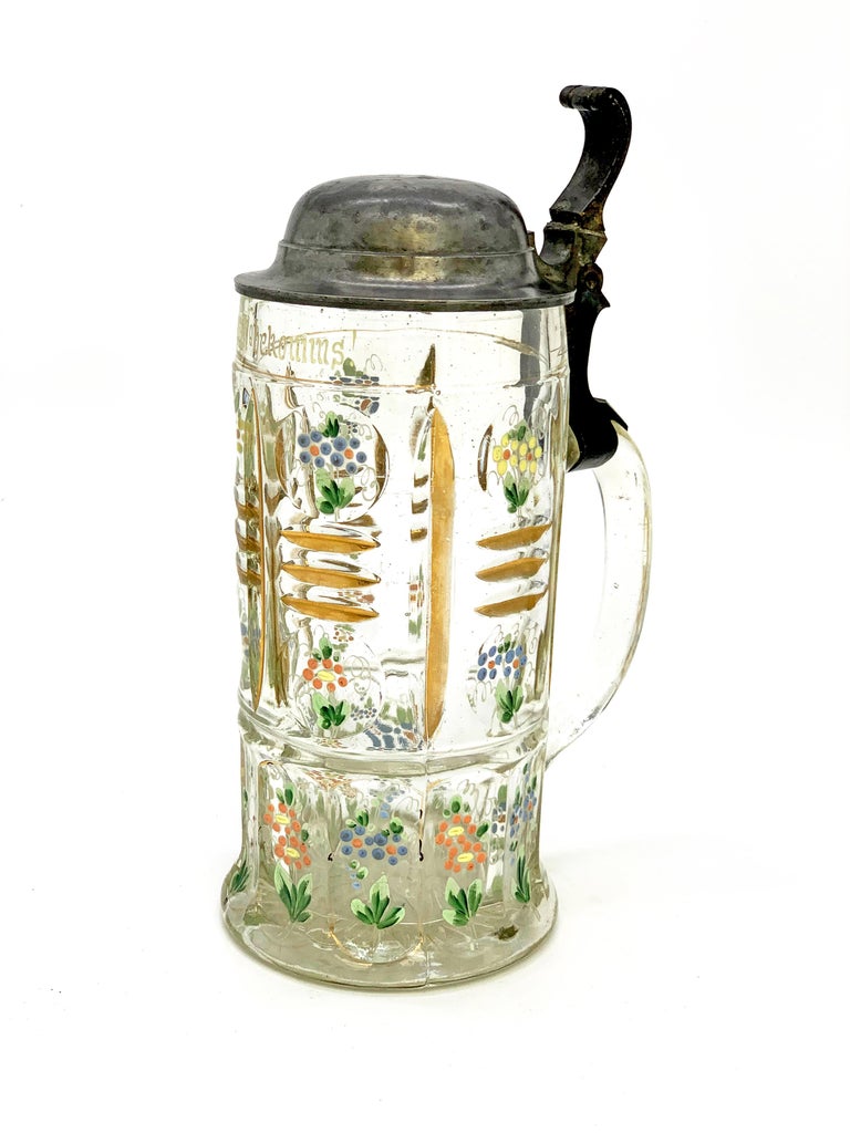 European 19th Century Beer Mug with Flowers and Gold Detail and Diamond Cut For Sale