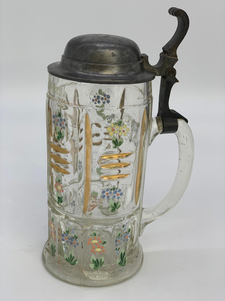 Tin 19th Century Beer Mug with Flowers and Gold Detail and Diamond Cut For Sale