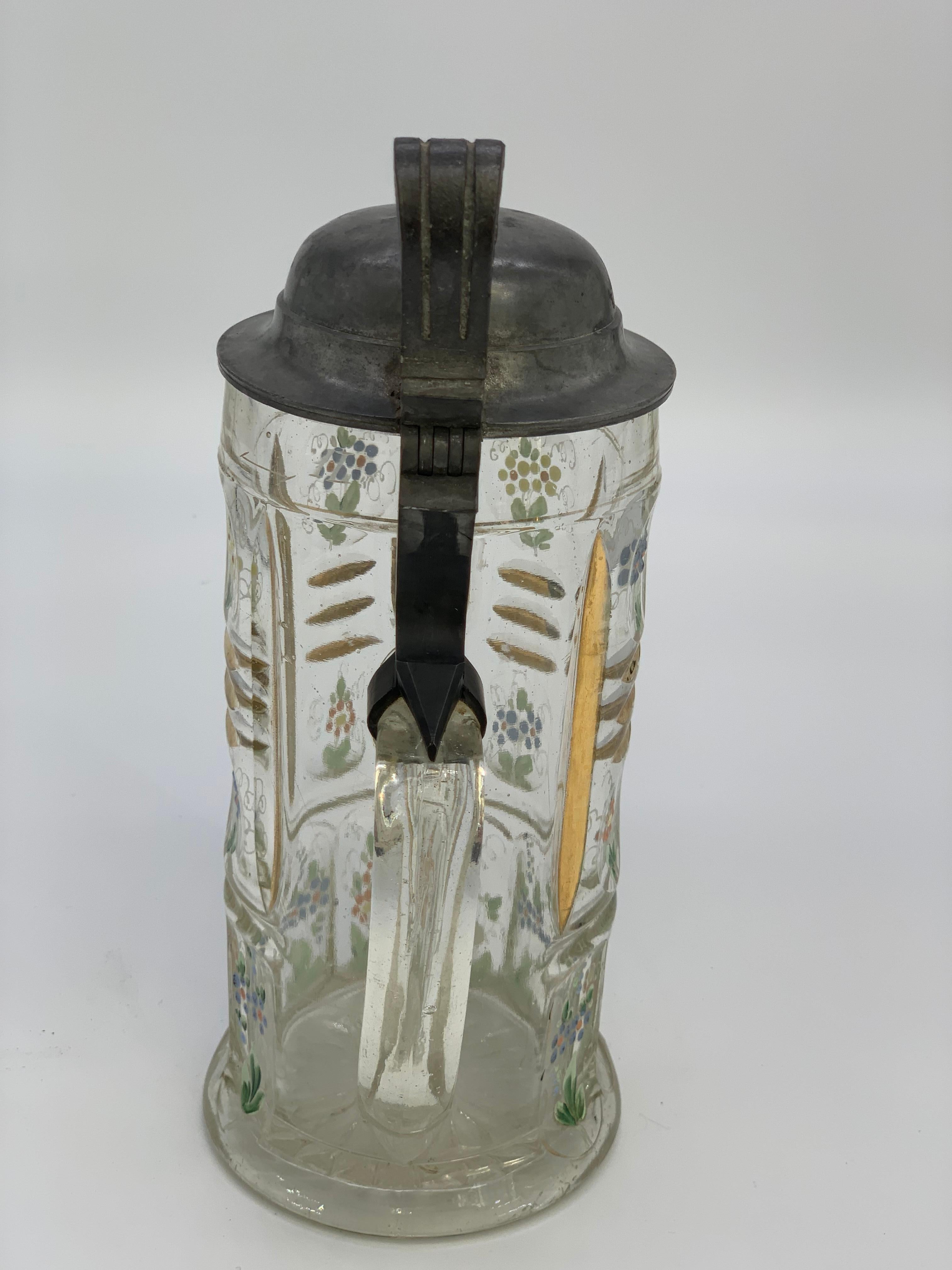 Art Nouveau 19th Century Beer Mug with Flowers and Gold Detail and Diamond Cut For Sale