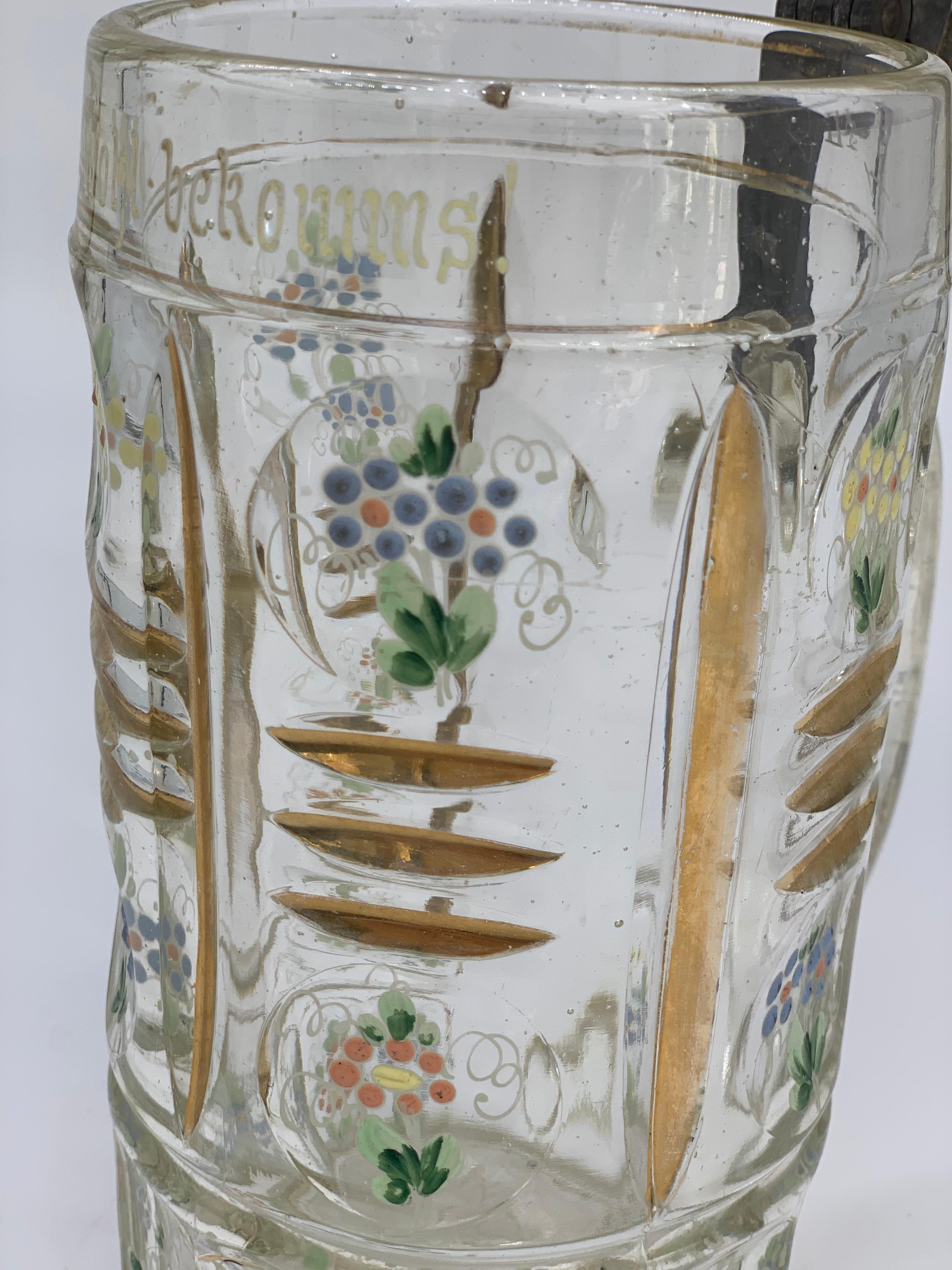 Cut Glass 19th Century Beer Mug with Flowers and Gold Detail and Diamond Cut For Sale