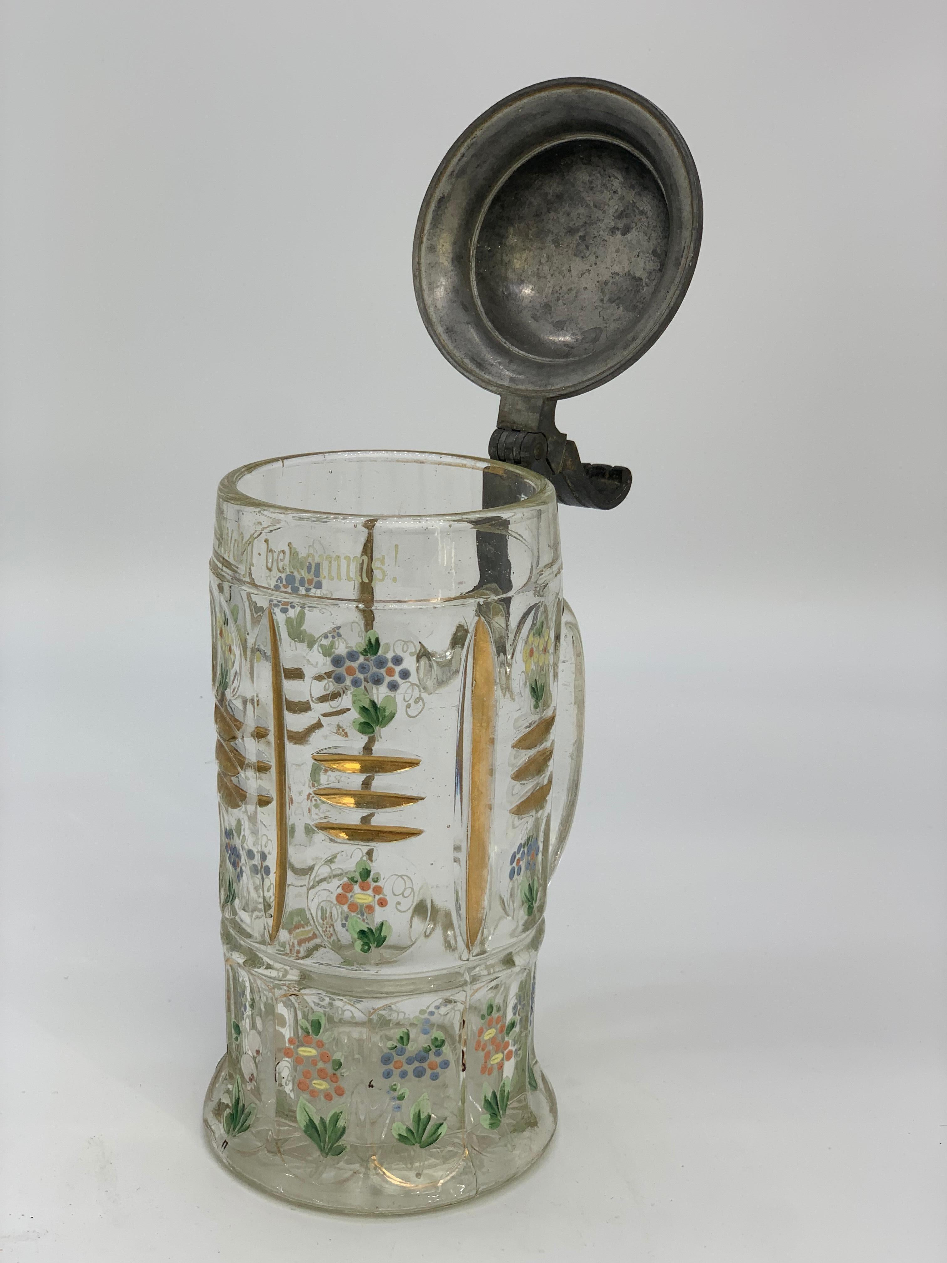 19th Century Beer Mug with Flowers and Gold Detail and Diamond Cut For Sale 1