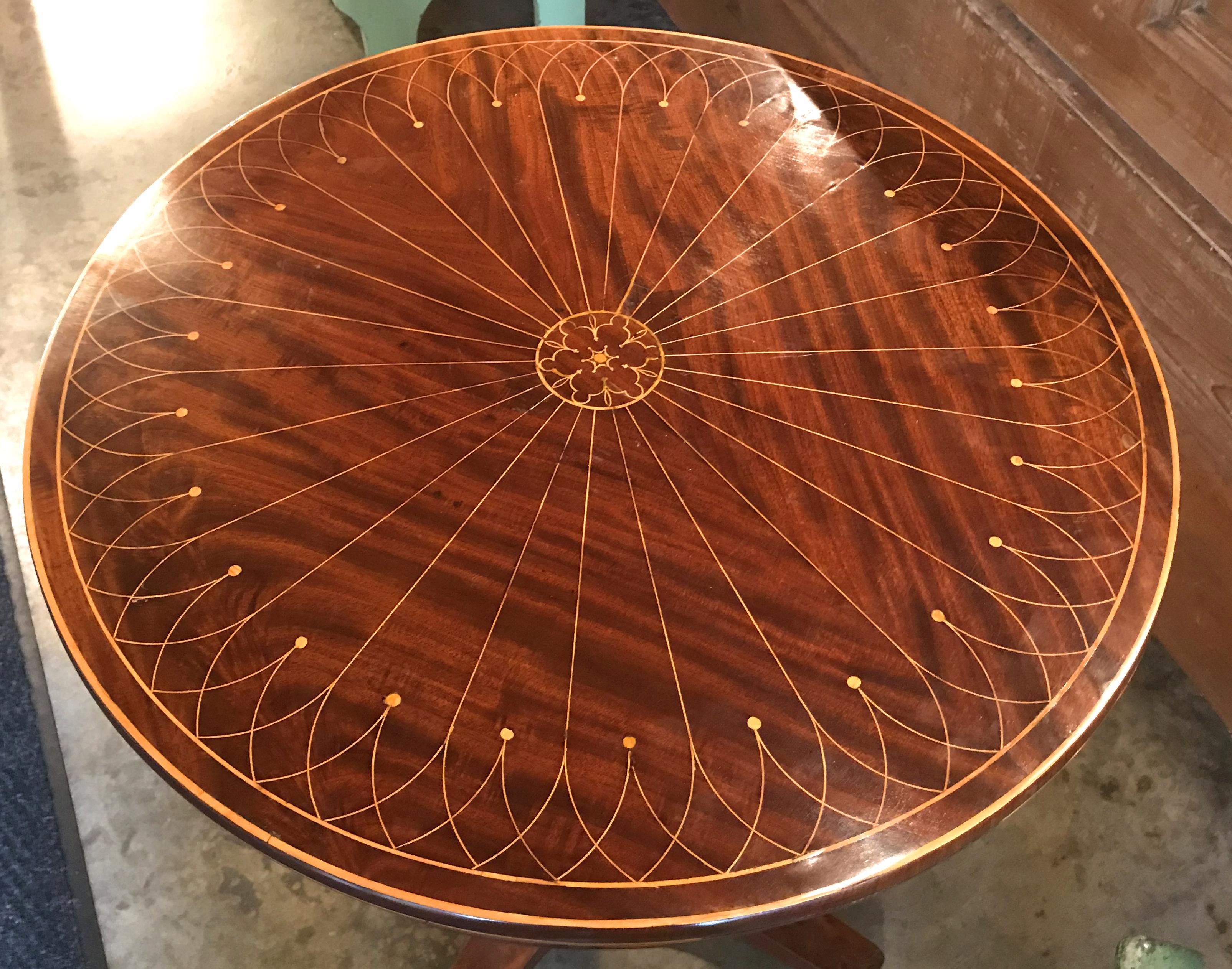 European 19th Century Biedermeier Round Top Mahogany Center Table with Line Inlay