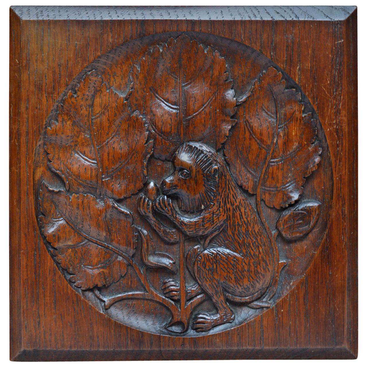 19th Century Belgian Art Nouveau Carved Wood Plaque Depicting a Monkey For Sale