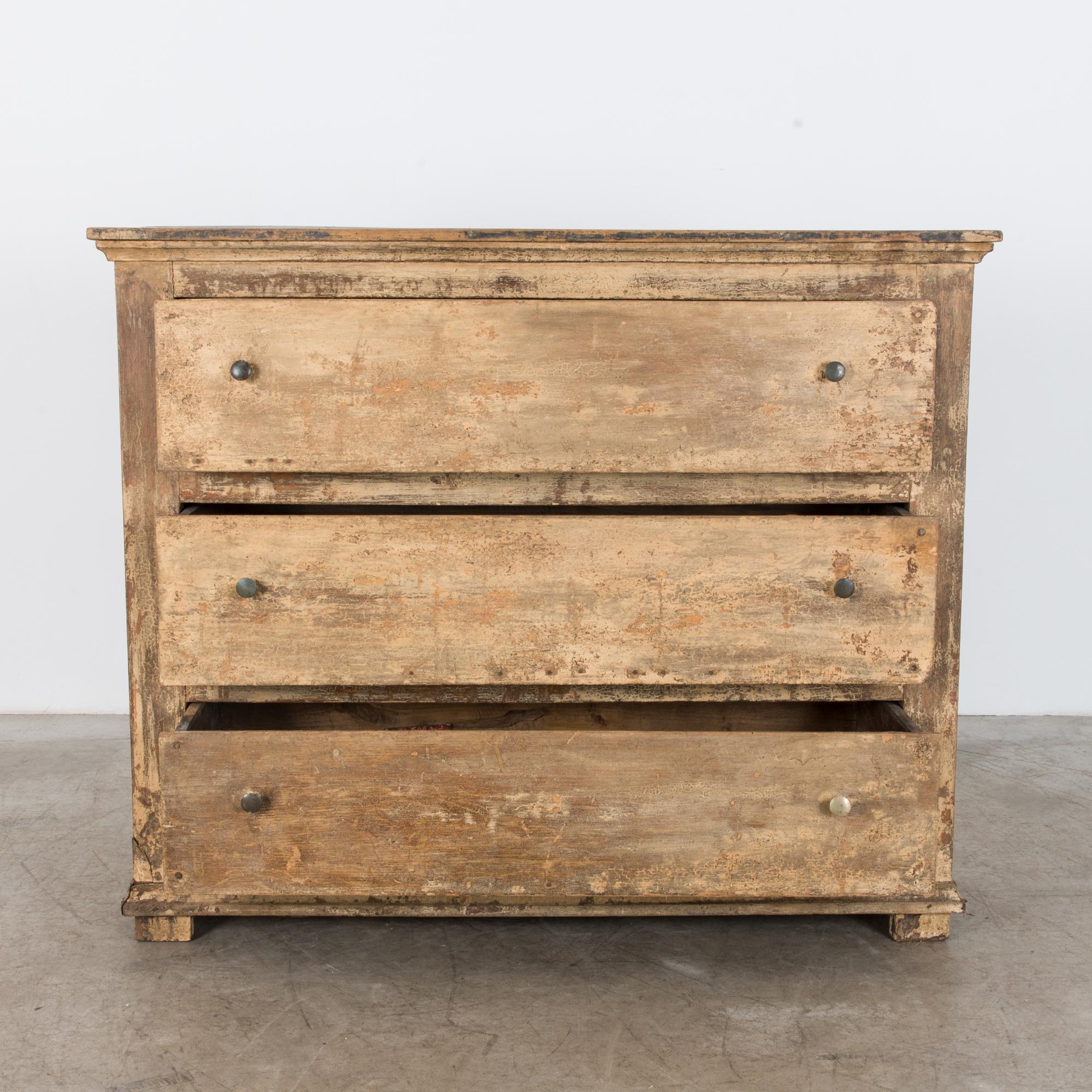 From Belgium, circa 1860. Raised panel three drawer chest with slab fronts, slim 18 1/2