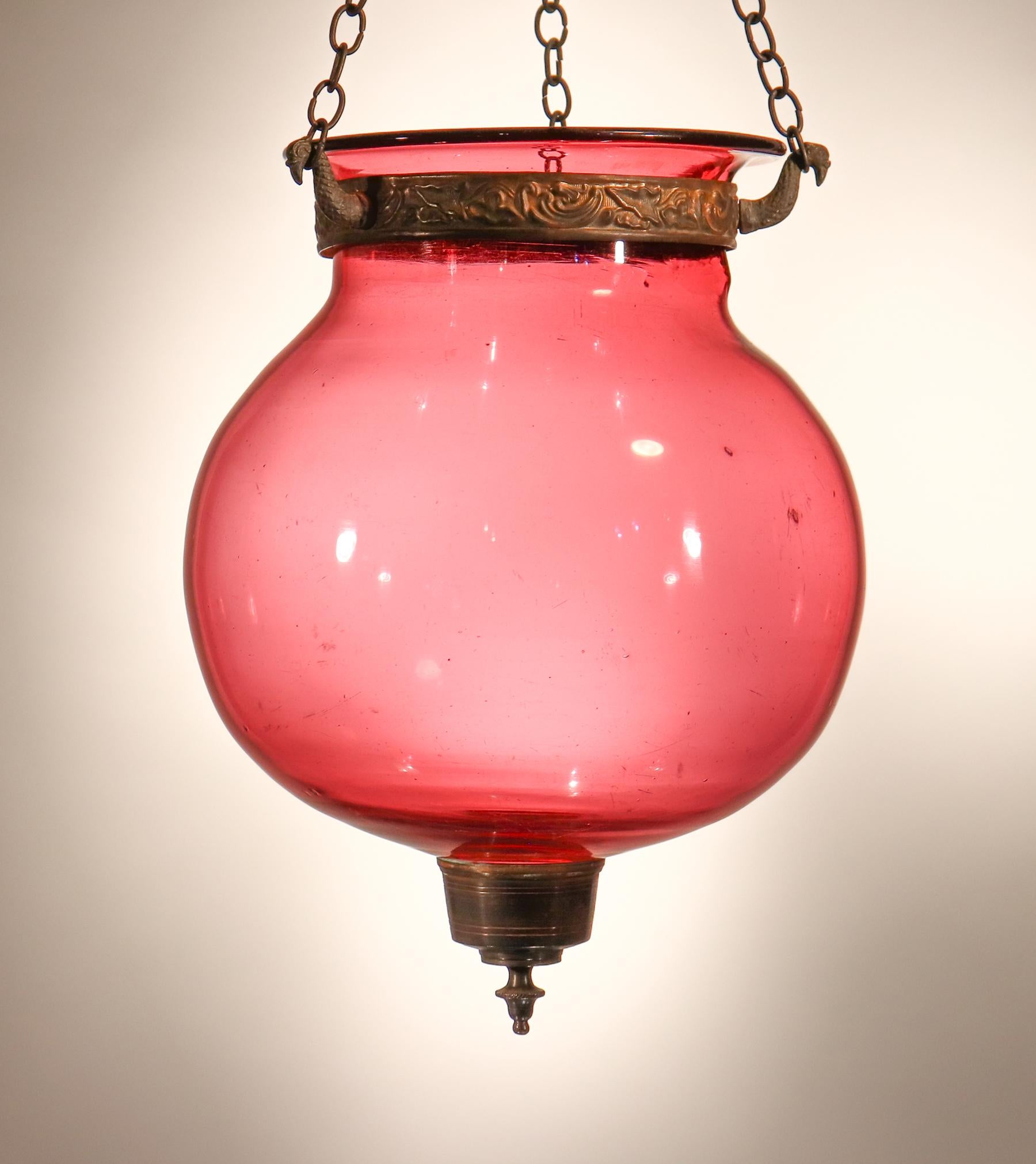 19th Century Belgian Cranberry Glass Globe Bell Jar Lantern 5