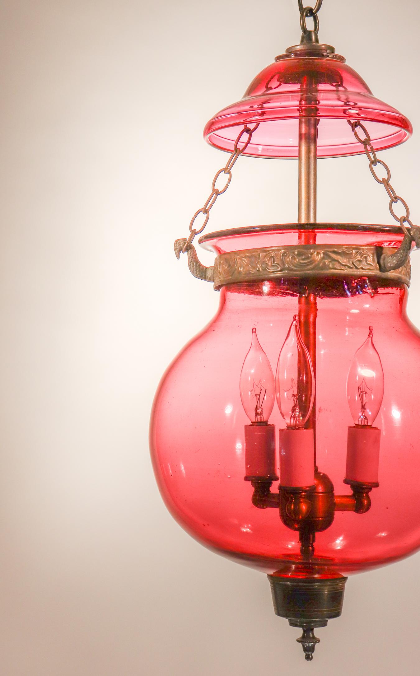Victorian 19th Century Belgian Cranberry Glass Globe Bell Jar Lantern
