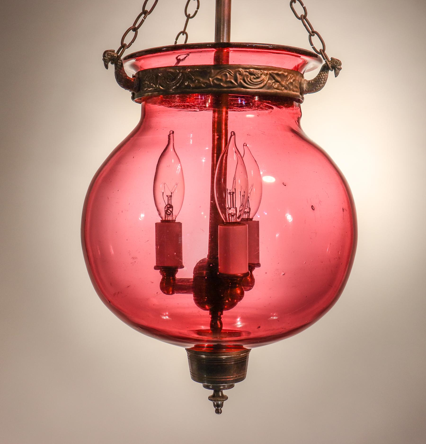 Embossed 19th Century Belgian Cranberry Glass Globe Bell Jar Lantern