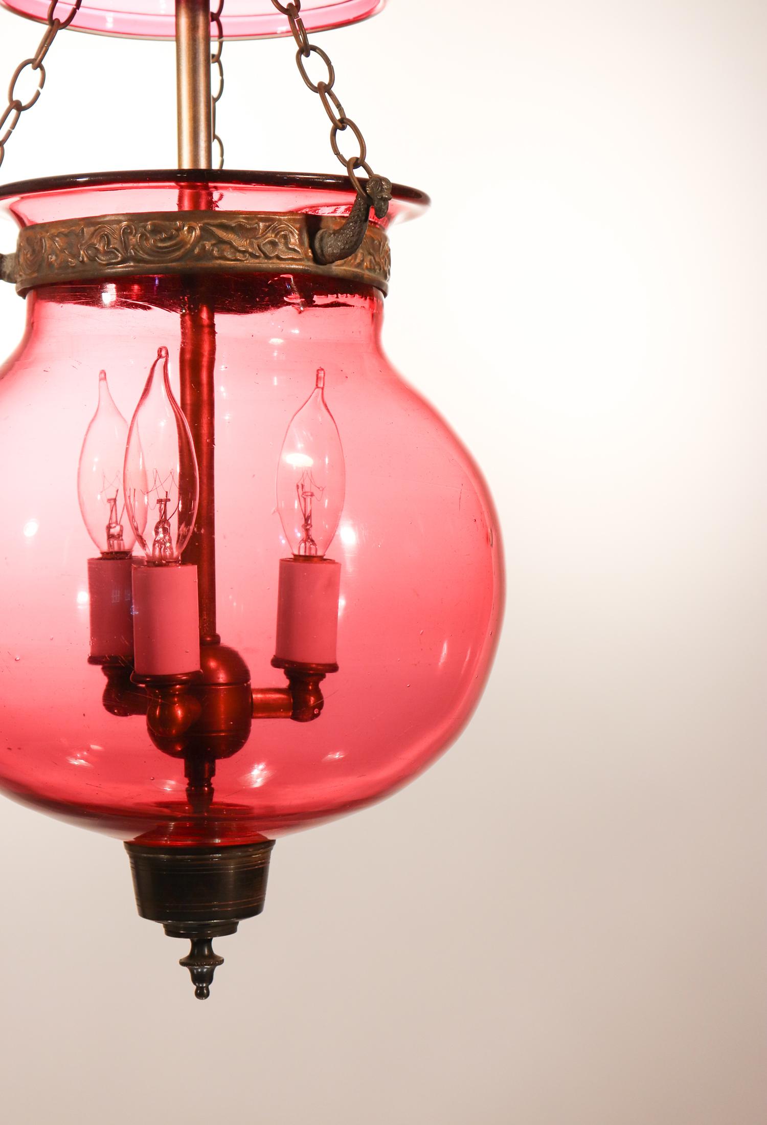 19th Century Belgian Cranberry Glass Globe Bell Jar Lantern In Fair Condition In Heath, MA