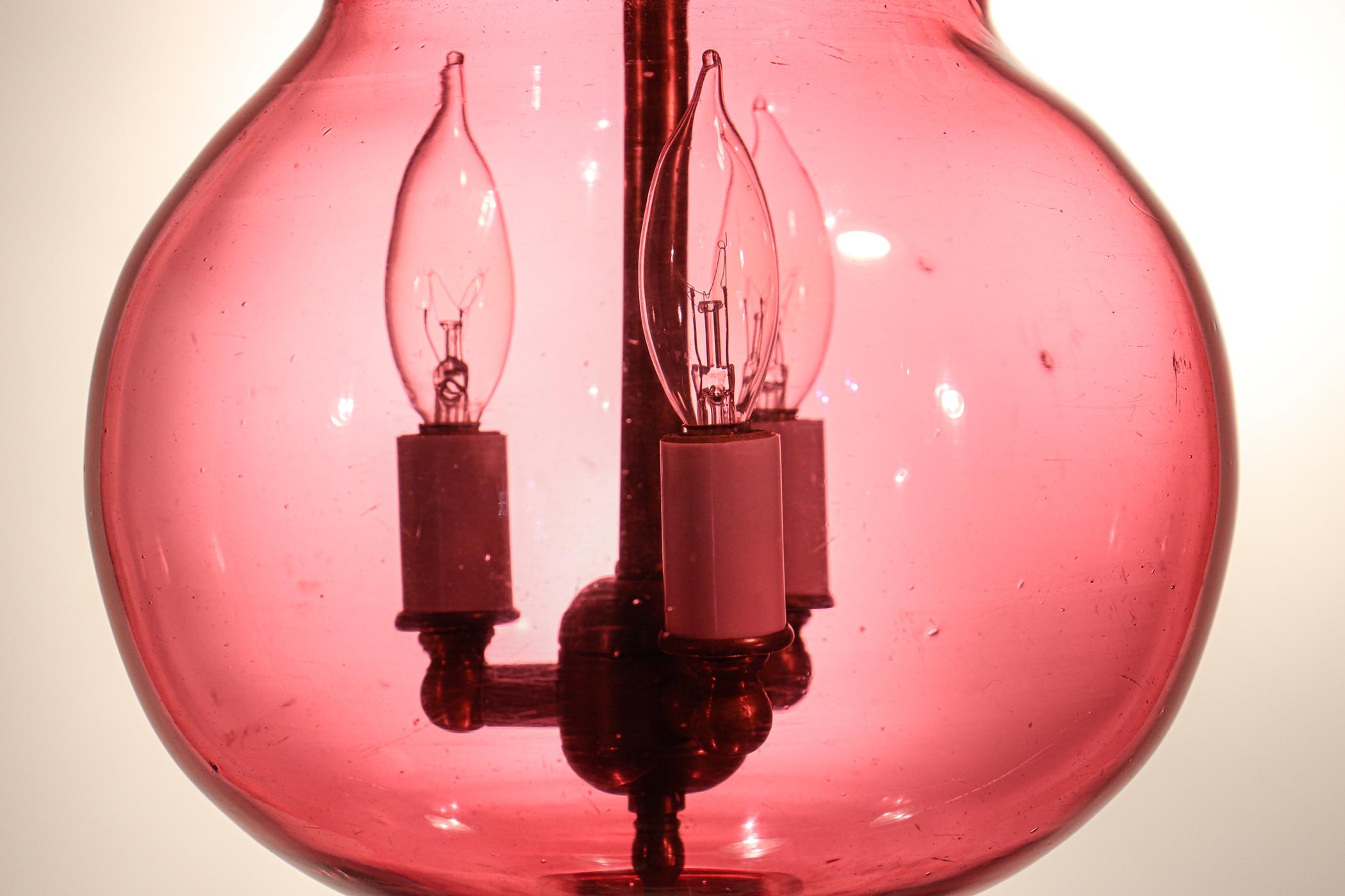 19th Century Belgian Cranberry Glass Globe Bell Jar Lantern 1