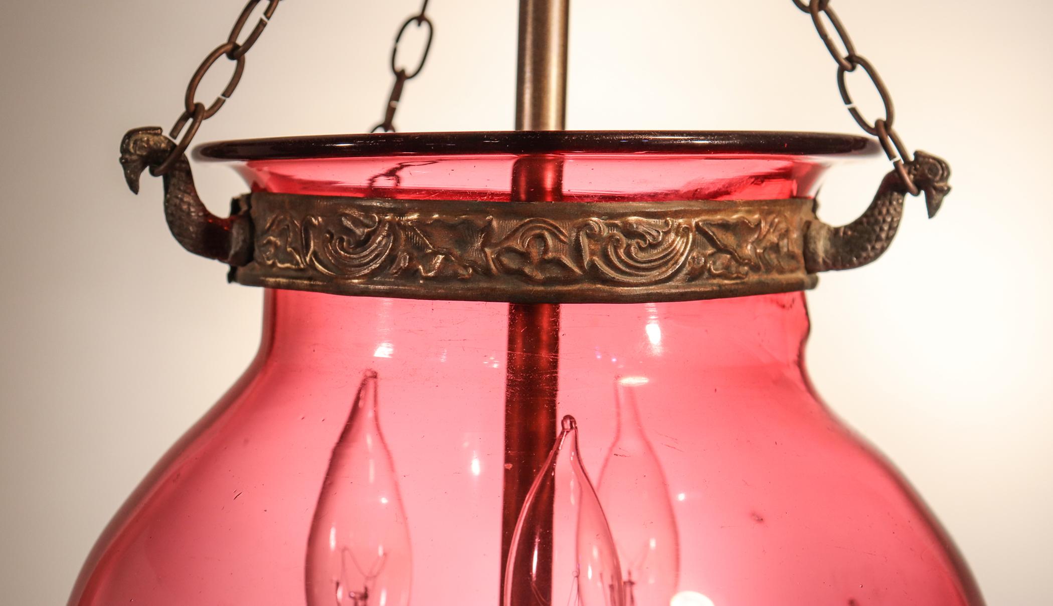 19th Century Belgian Cranberry Glass Globe Bell Jar Lantern 1