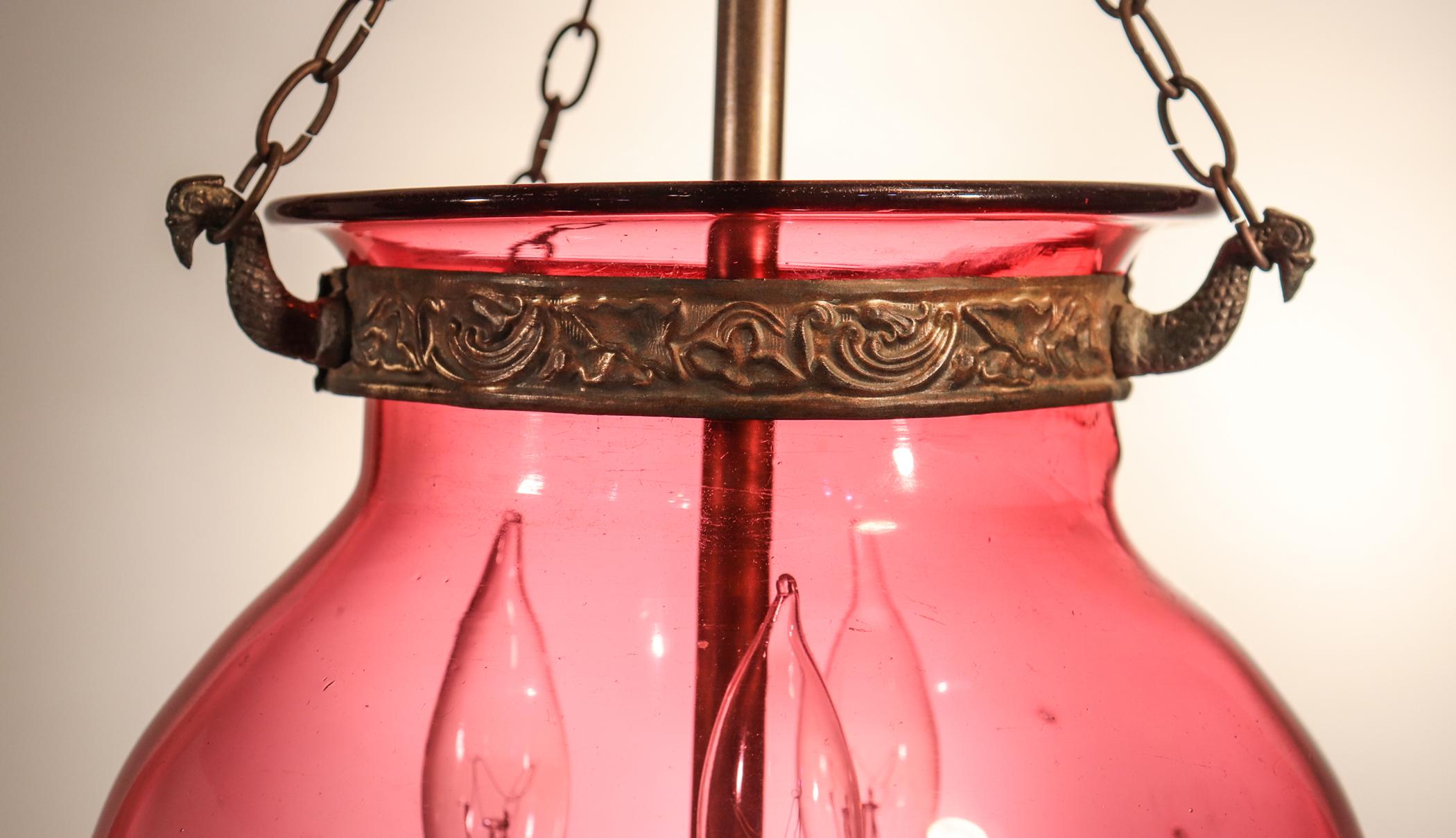 19th Century Belgian Cranberry Glass Globe Bell Jar Lantern 2
