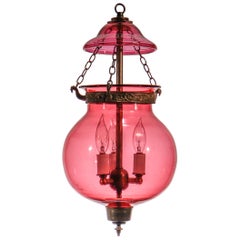 Antique 19th Century Belgian Cranberry Glass Globe Bell Jar Lantern