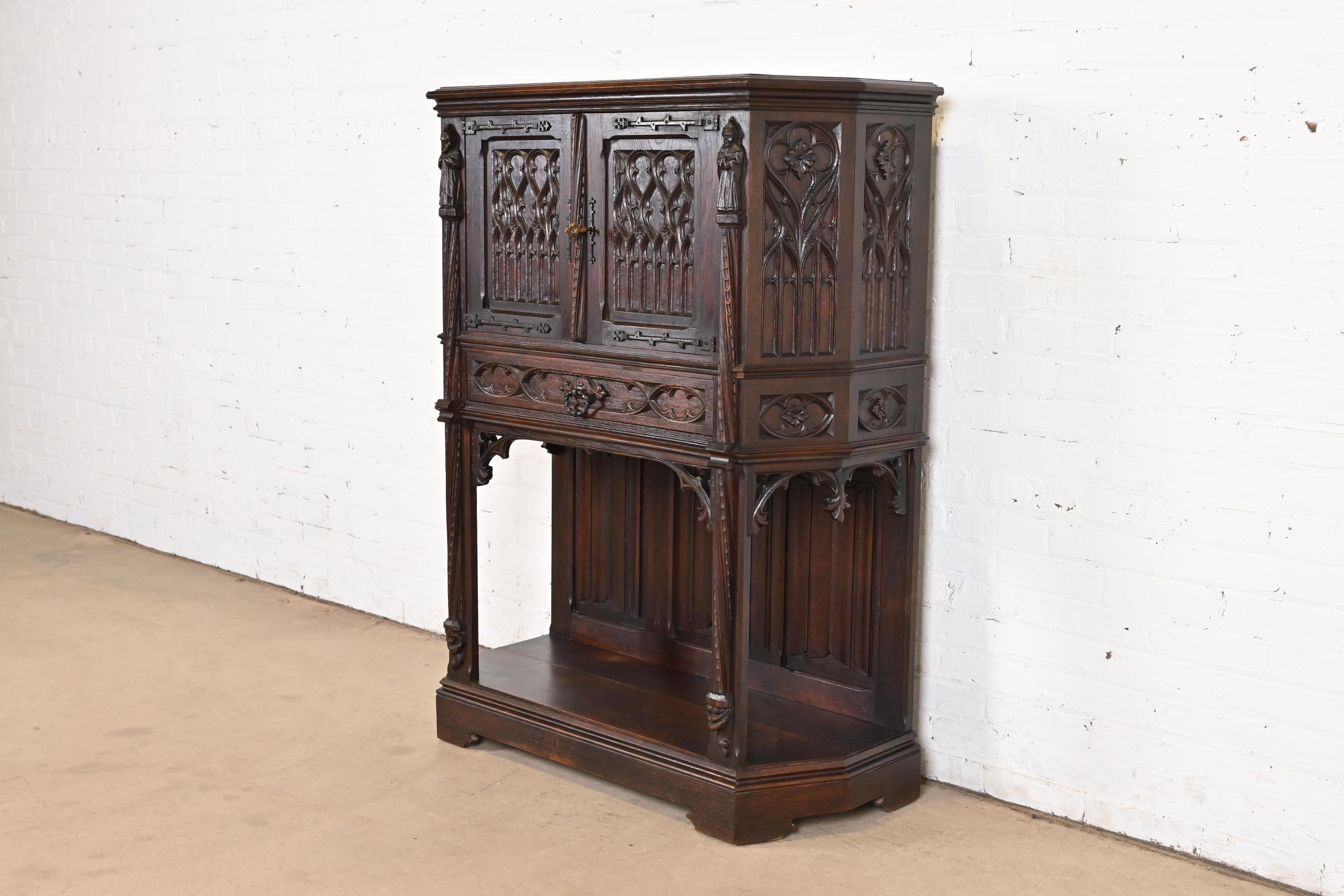 Renaissance Revival 19th Century Belgian Gothic Revival Carved Dark Oak Bar Cabinet For Sale
