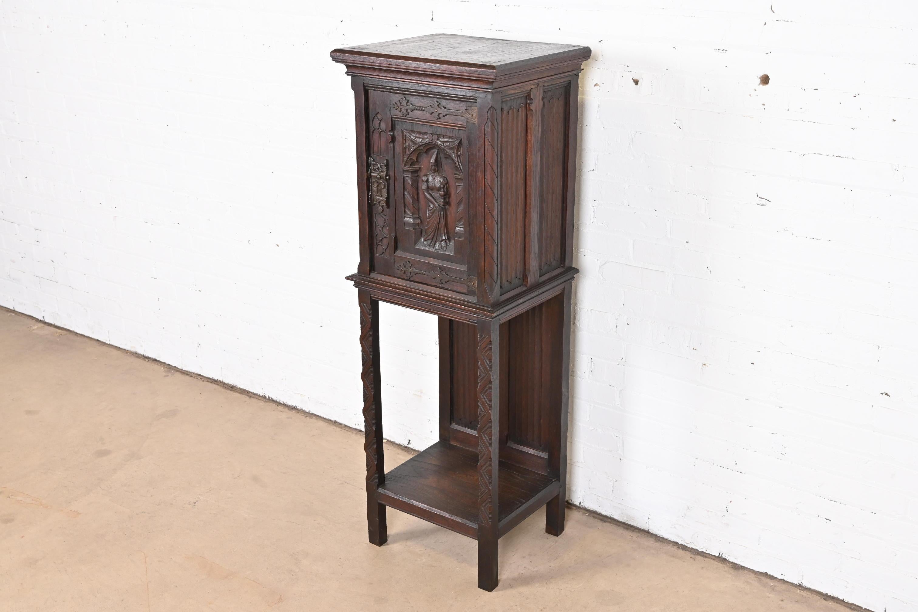 Iron 19th Century Belgian Gothic Revival Carved Dark Oak Bar Cabinet For Sale