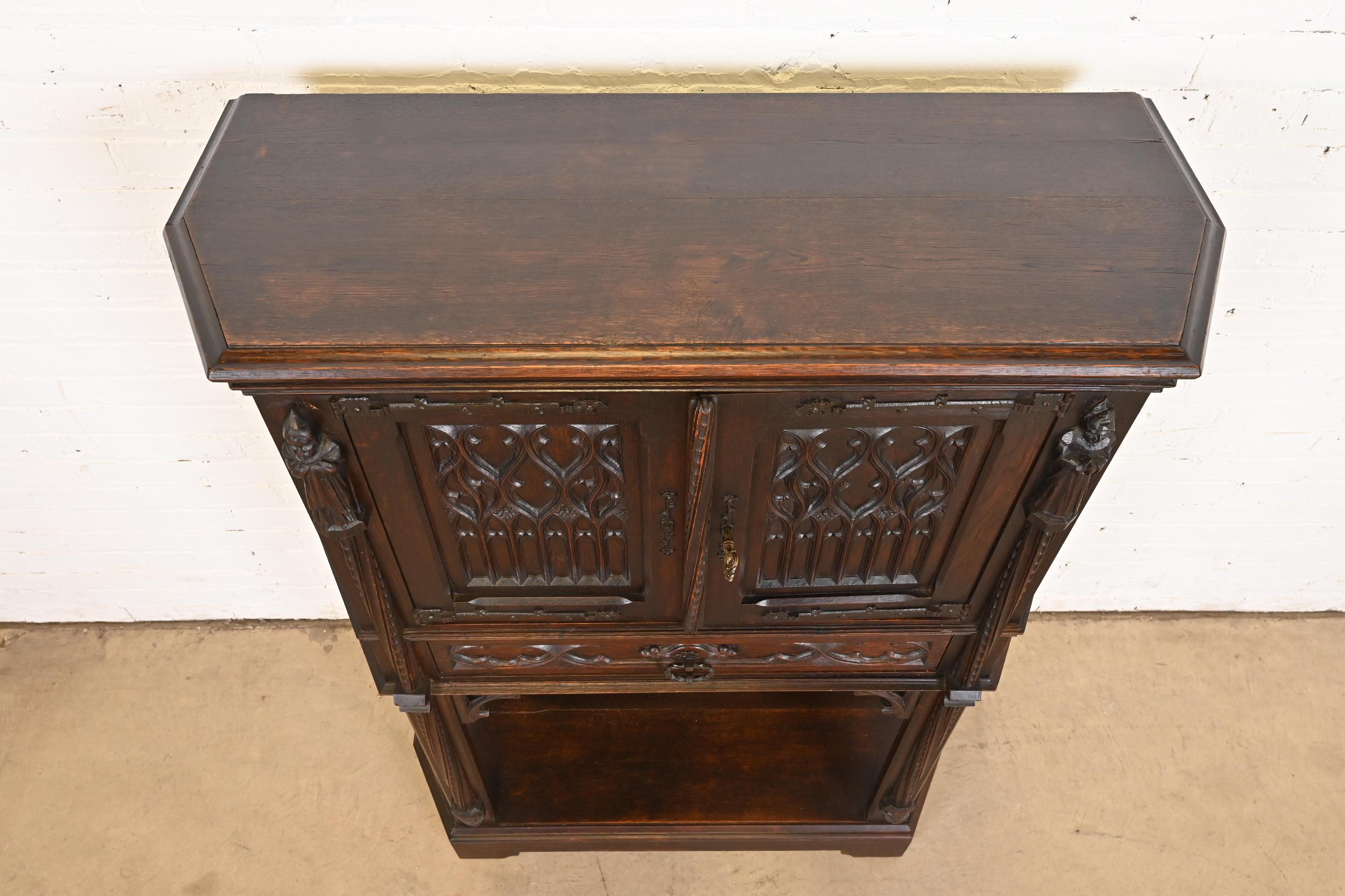 19th Century Belgian Gothic Revival Carved Dark Oak Bar Cabinet 1