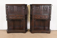 19th Century Belgian Gothic Revival Carved Dark Oak Bar Cabinets, Pair