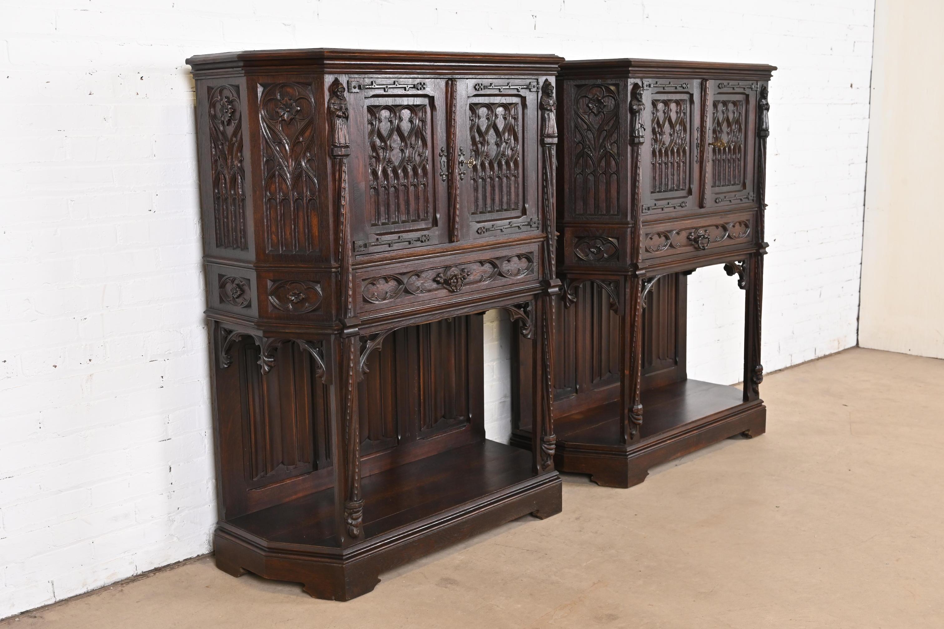 19th Century Belgian Gothic Revival Carved Dark Oak Bar Cabinets, Pair In Good Condition For Sale In South Bend, IN