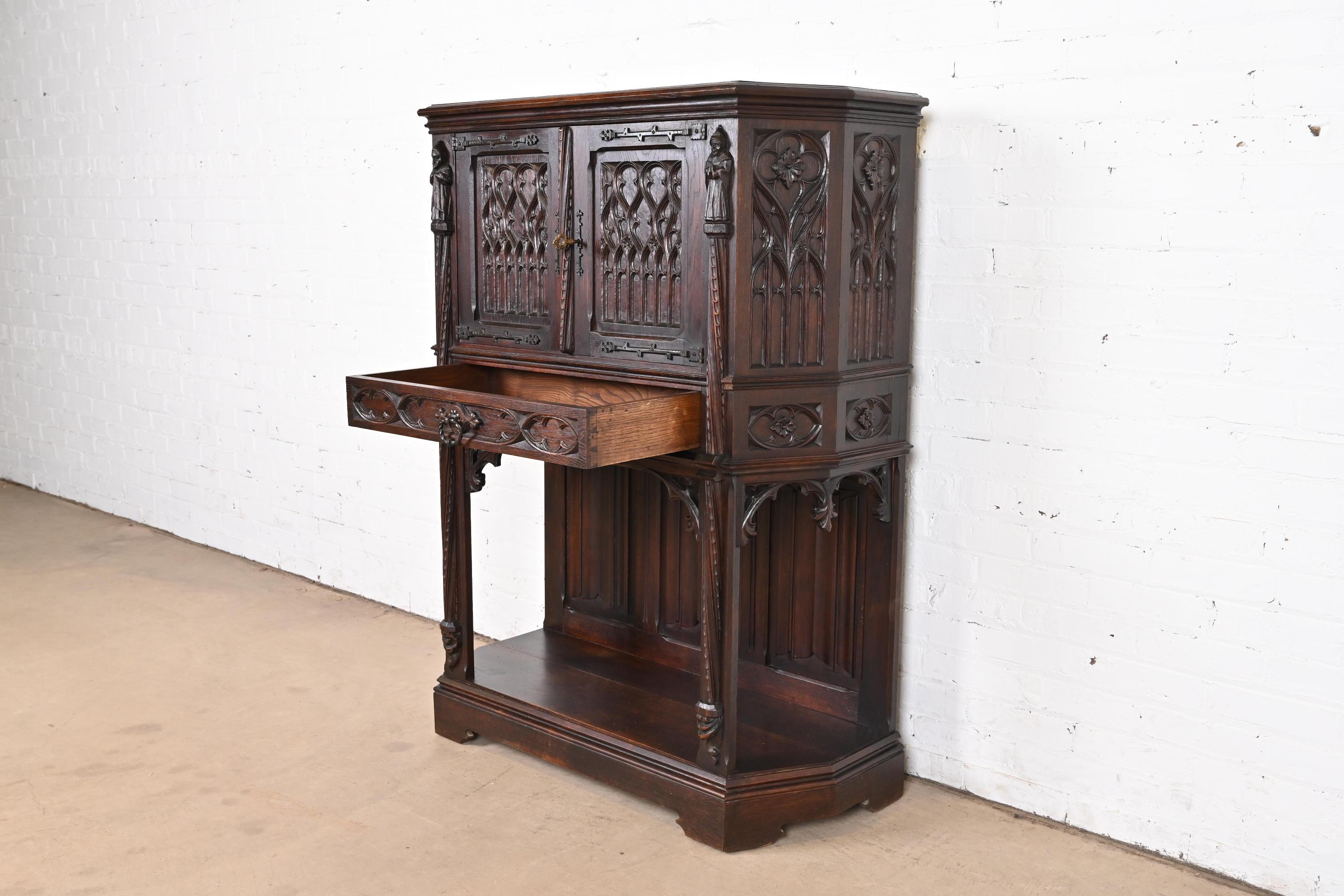19th Century Belgian Gothic Revival Carved Dark Oak Bar Cabinets, Pair For Sale 2