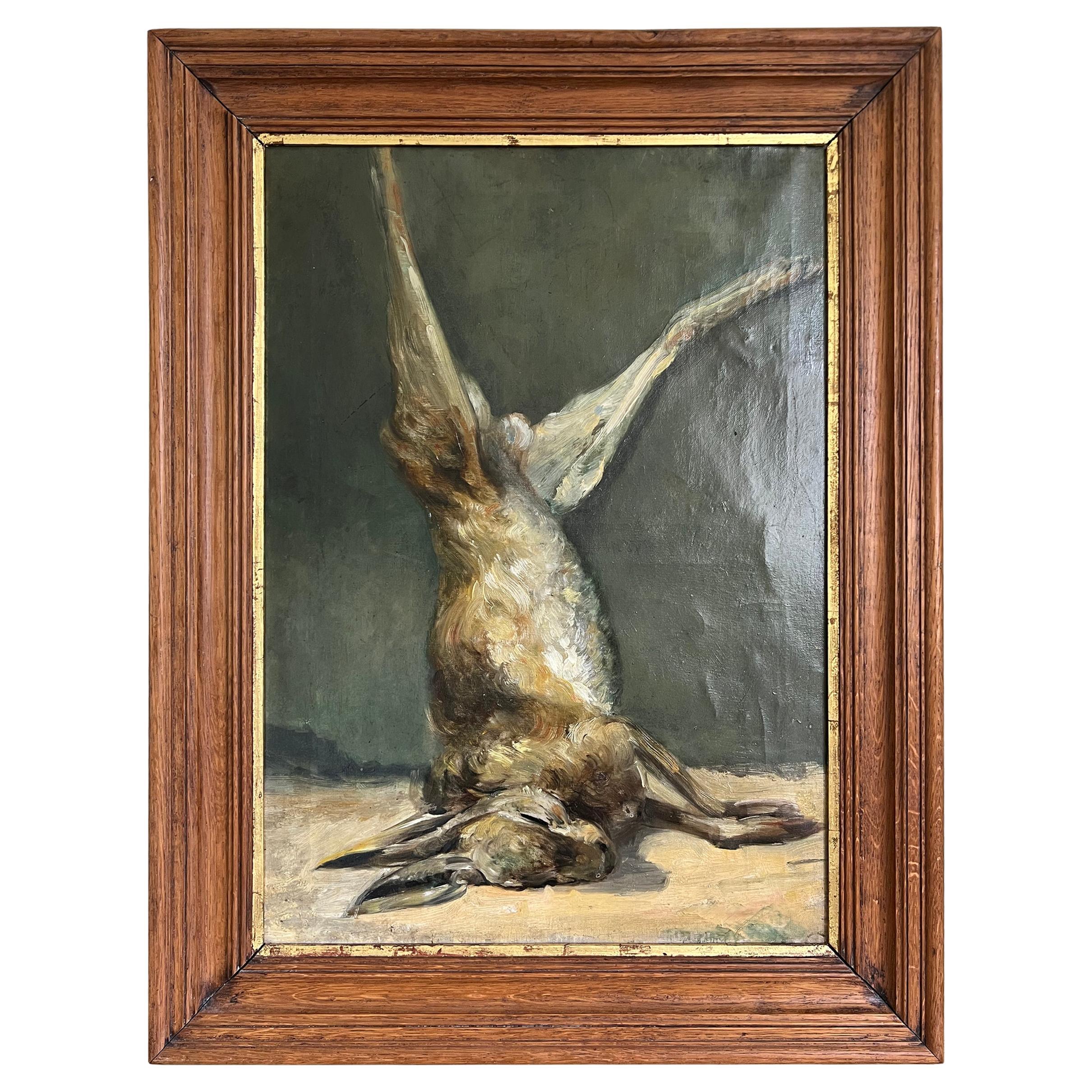 19. Jahrhundert Belgische Hasenjagd Trophäe Stillleben Gemälde im Angebot