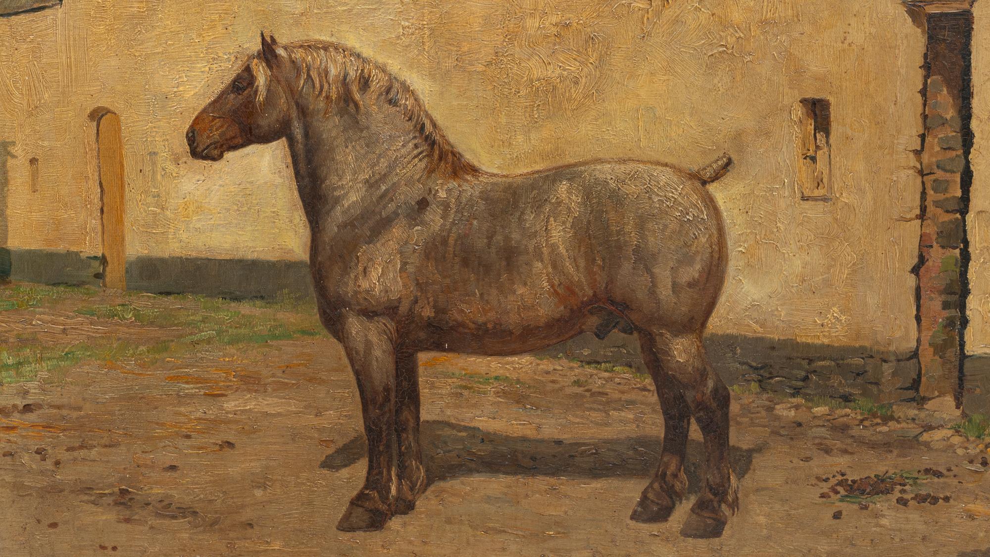 Behold a glimpse of pastoral tranquility with this 19th Century Belgian Painting, depicting a sturdy draft horse standing resolutely before an old stable. The horse's dappled coat, rendered in hues of grey and taupe, reflects the mastery of the