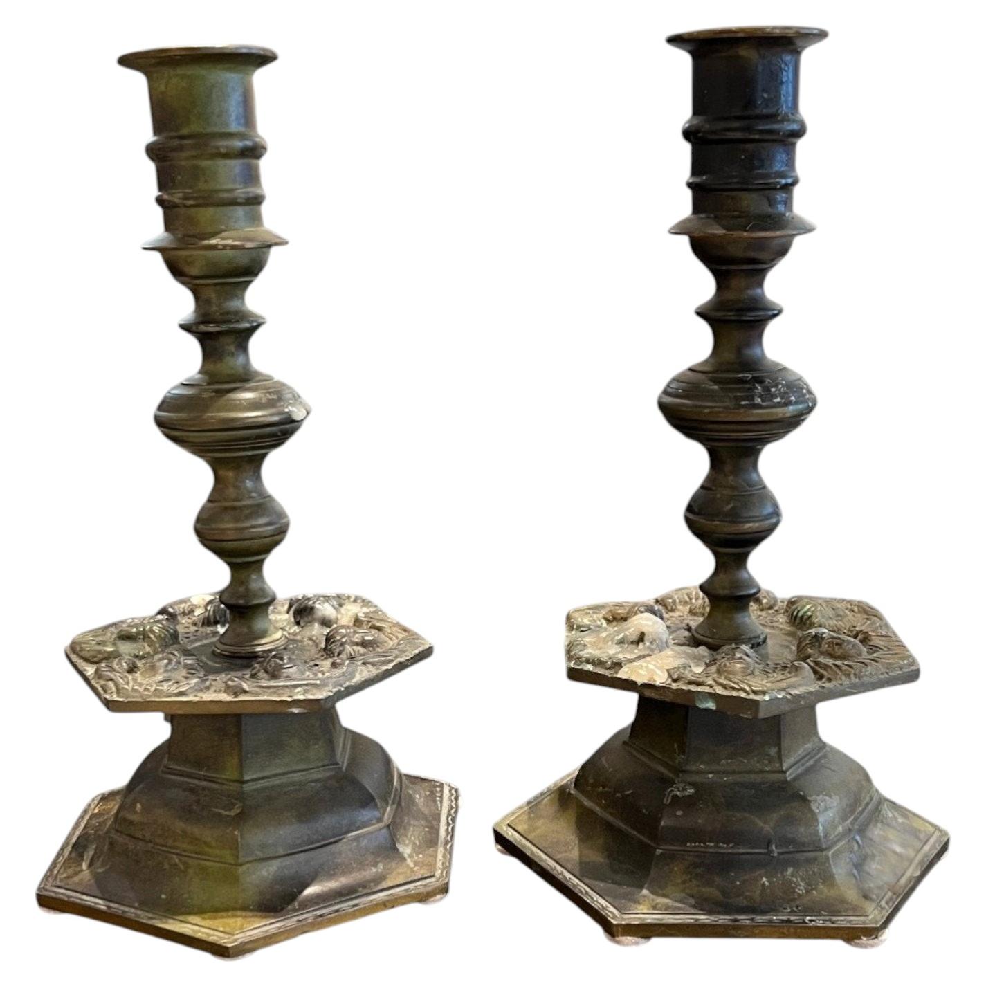 19th Century Belgian Pair of Heavy Bronze Candlesticks For Sale