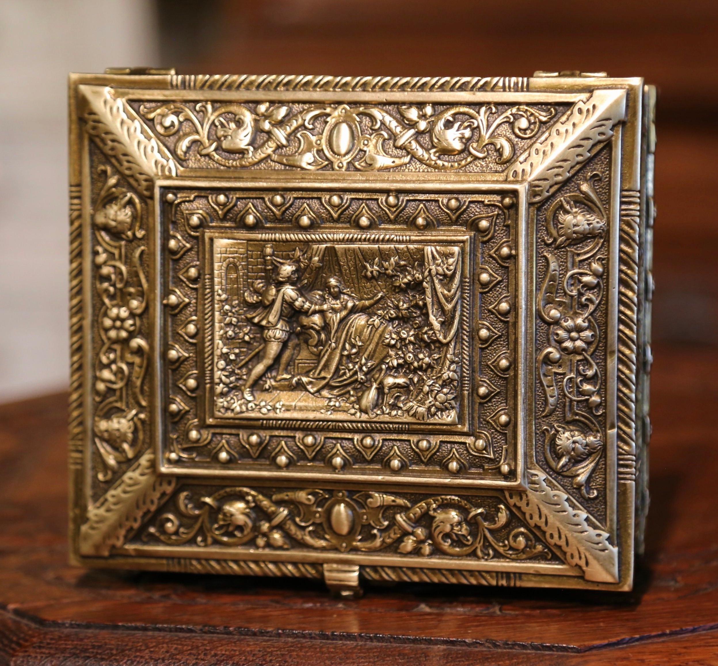 Renaissance 19th-Century Belgian Patinated Bronze Jewelry Box with Medieval Court Decor