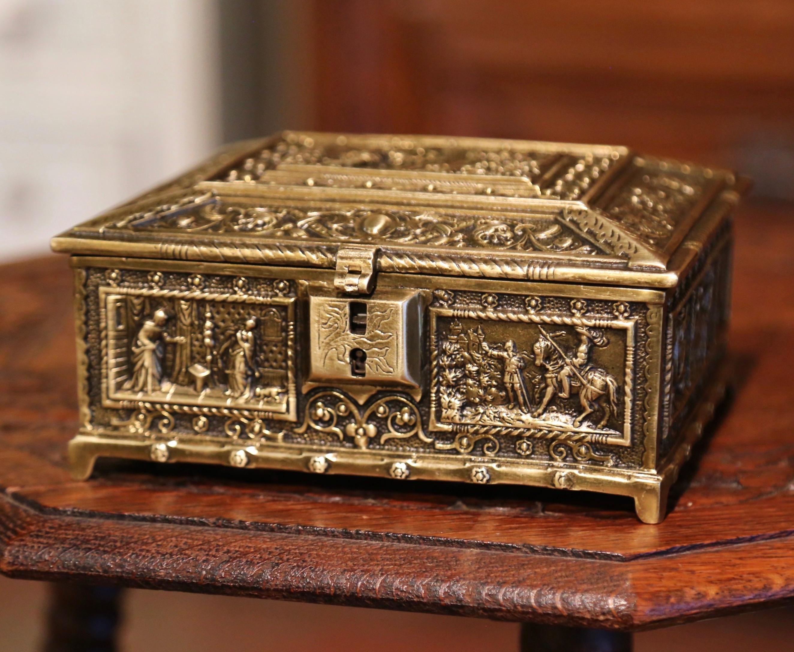 Hand-Crafted 19th-Century Belgian Patinated Bronze Jewelry Box with Medieval Court Decor