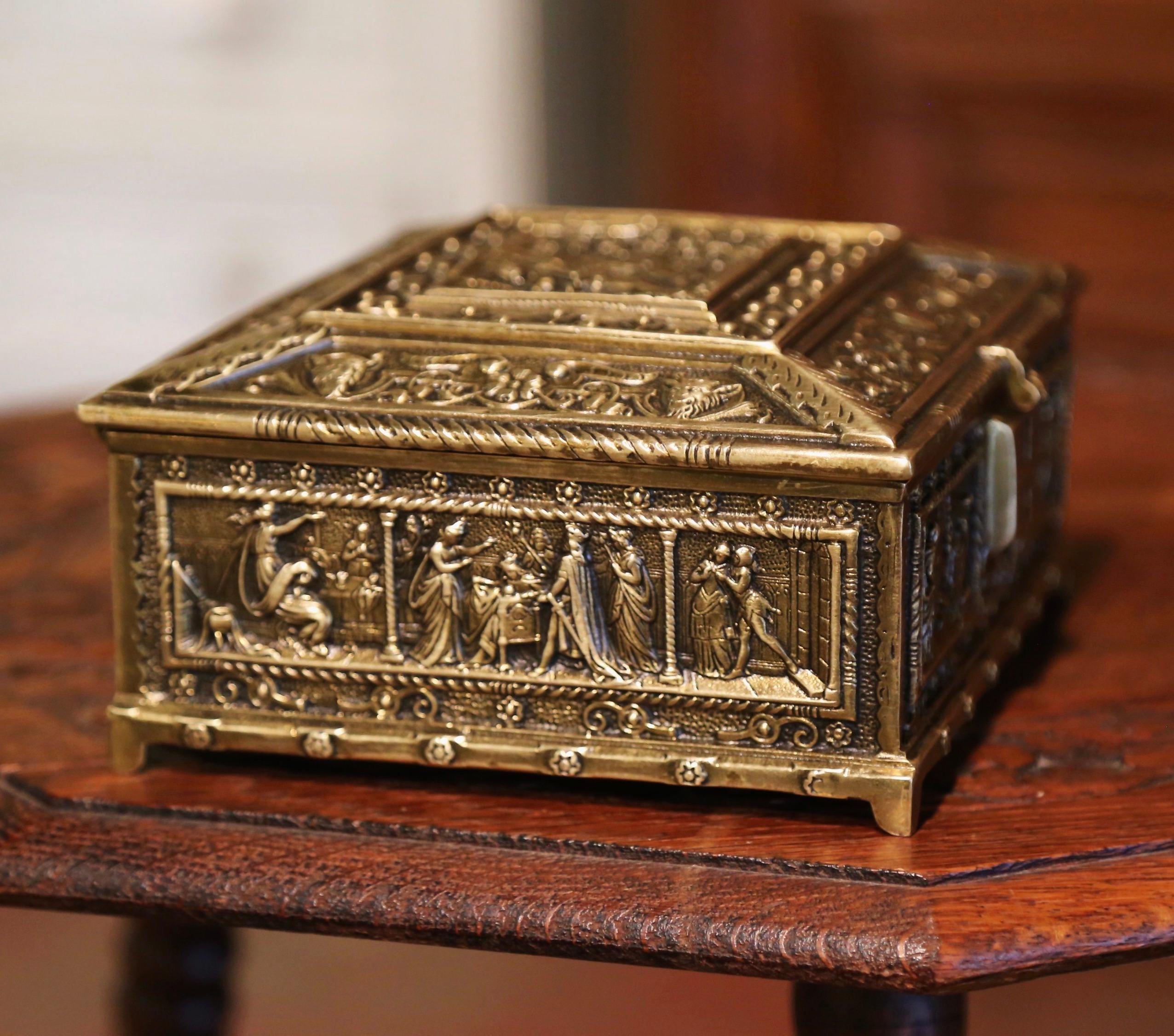 19th Century 19th-Century Belgian Patinated Bronze Jewelry Box with Medieval Court Decor