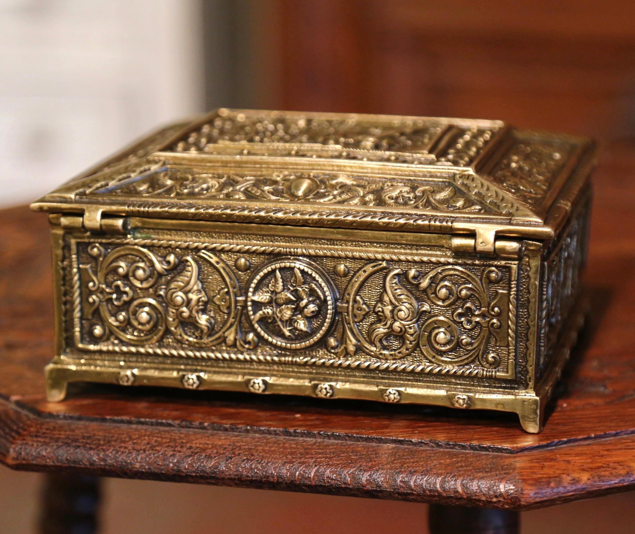 19th-Century Belgian Patinated Bronze Jewelry Box with Medieval Court Decor 1