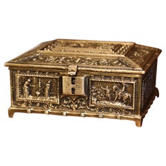 19th-Century Belgian Patinated Bronze Jewelry Box with Medieval Court Decor