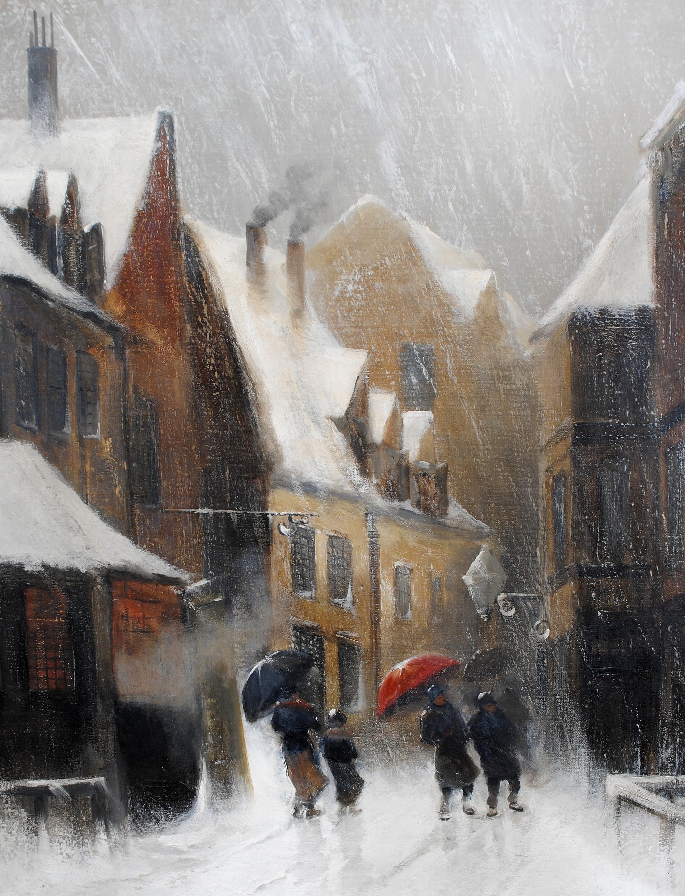 Figures in a Blizzard - Large 19th Century Belgian Snowy Winter Town Painting - Gray Landscape Painting by 19th Century Belgian School
