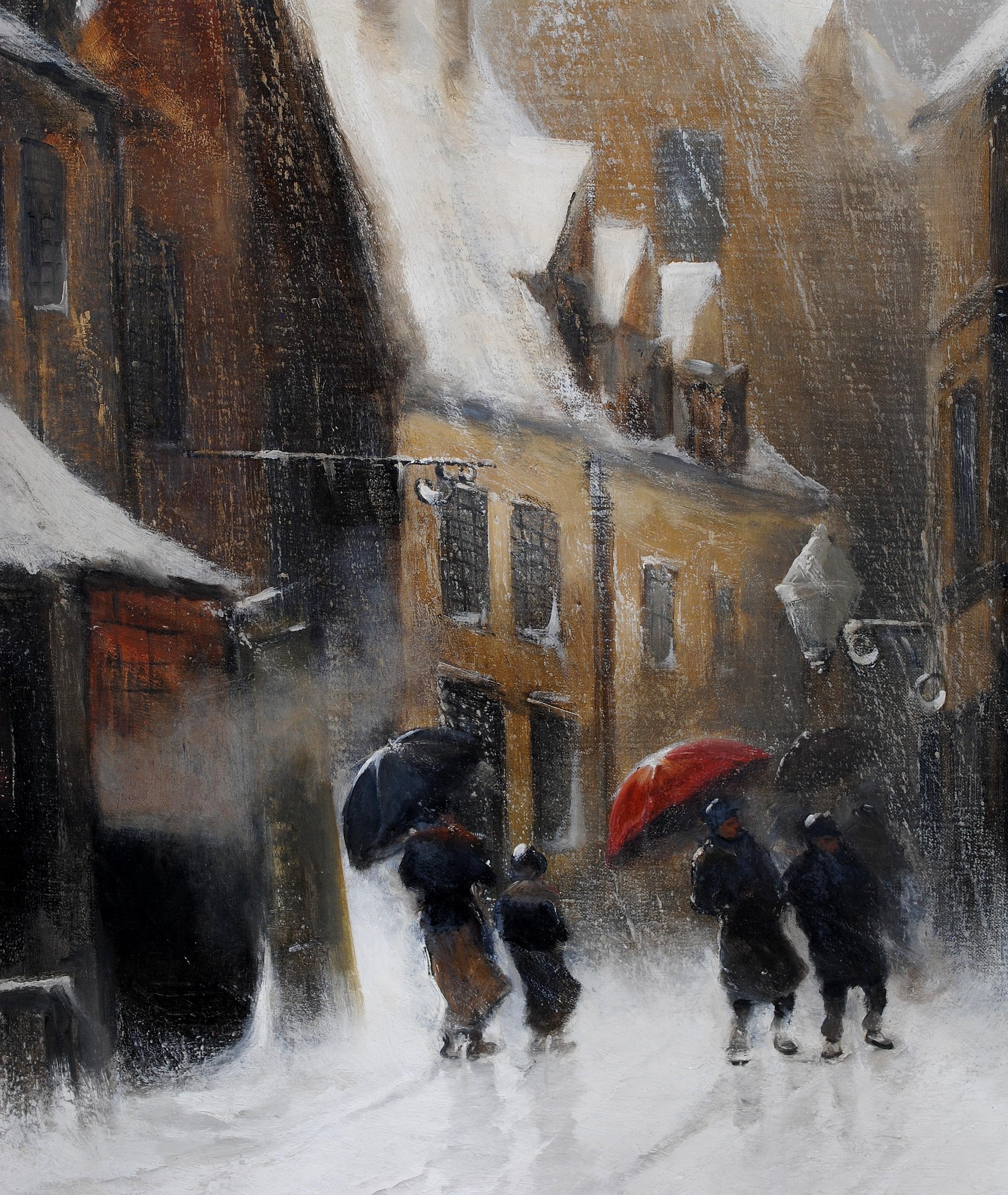 A superb late 19th century Belgian oil on canvas depicting figures with umbrellas in a town during a snow blizzard. 

Excellent quality work in very good original condition. The work is signed 