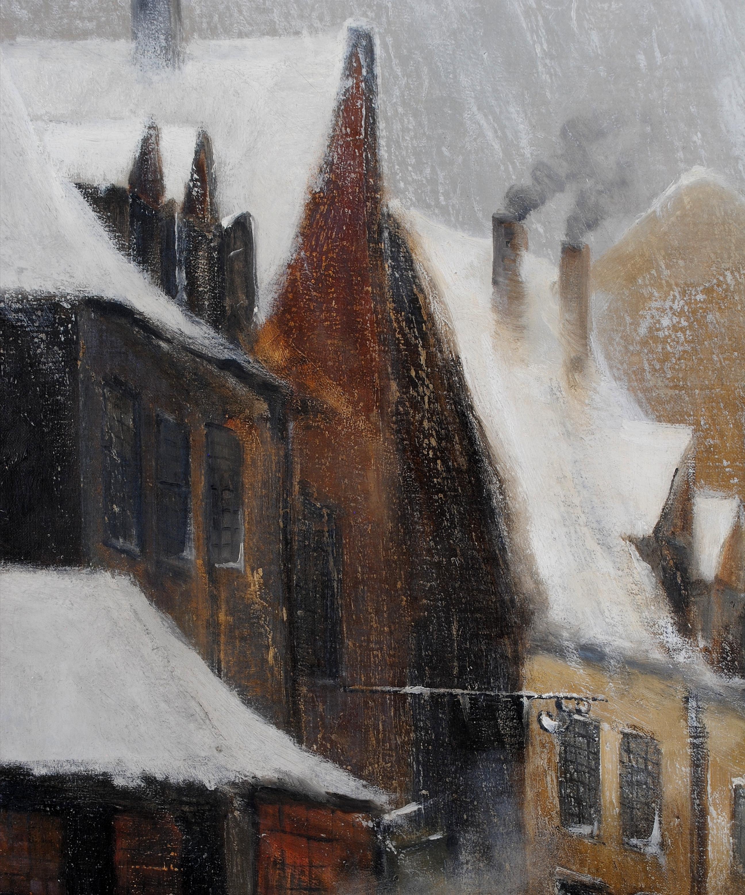 Figures in a Blizzard - Large 19th Century Belgian Snowy Winter Town Painting For Sale 1
