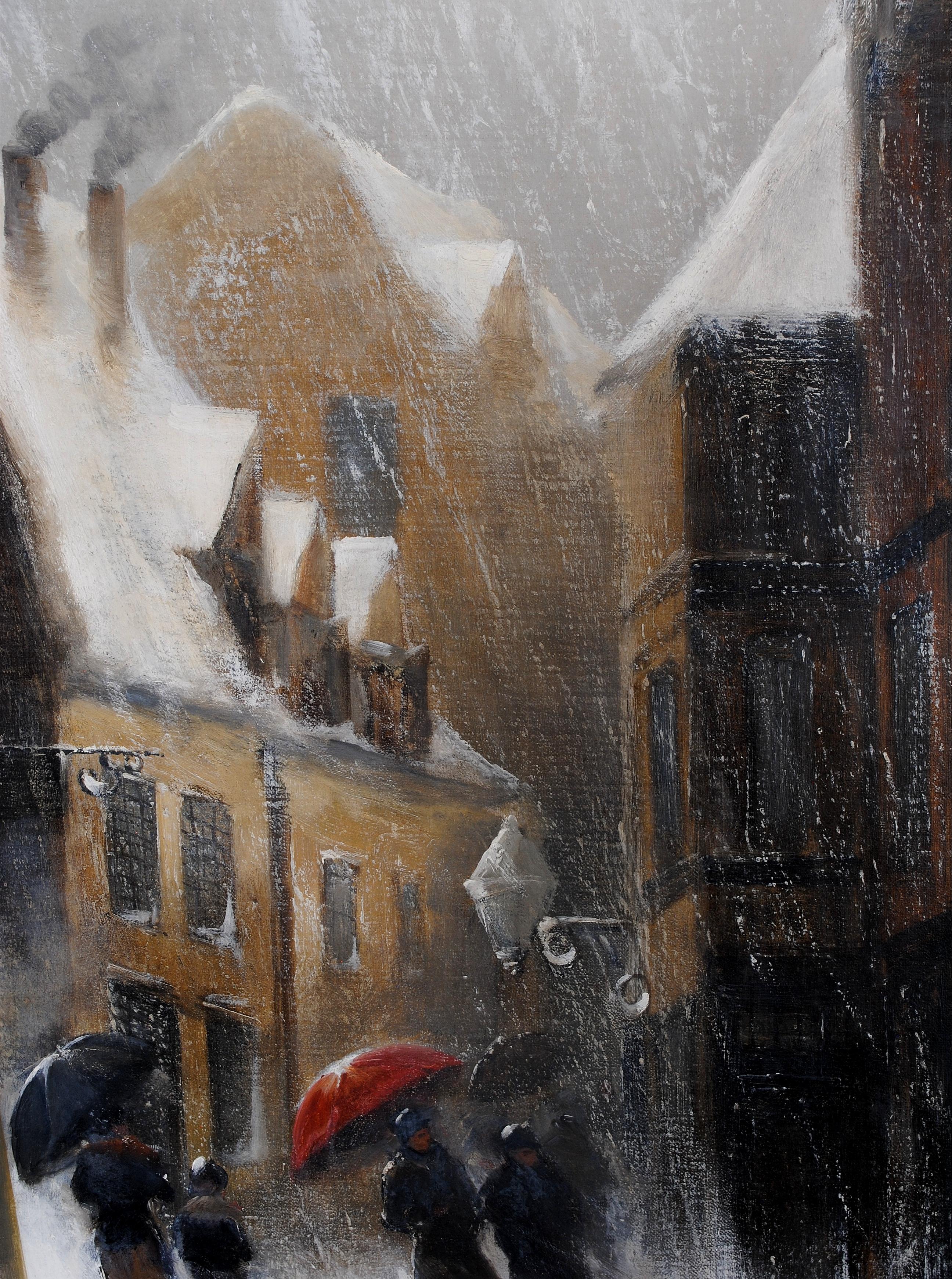 Figures in a Blizzard - Large 19th Century Belgian Snowy Winter Town Painting For Sale 2
